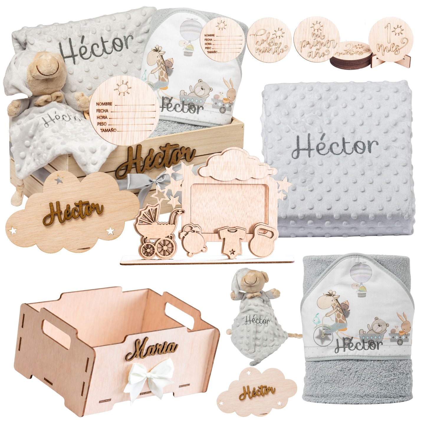 Manta Bebé Personalizada con Nombre - Regalo Recién Nacido Niña o Niño - Cesta Regalo Bebé con Dou Dou y Placas - Mantita Suave - Hecho en España (Cesta Bebe Completo)