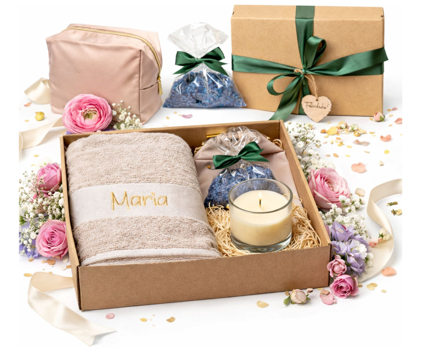 Regalo Día de la Madre, Regalos para Madres, Set con Toalla Personalizada Bordada con Nombre, Neceser, Vela Aromática y Sales de Baño, Regalo Mamá Original Cumpleaños Mujer