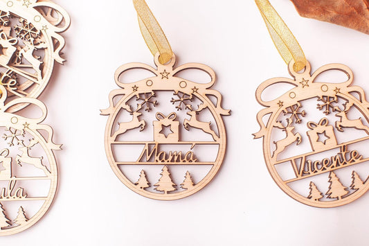 Olesea Bolas de Navidad Personalizada con Nombre de Madera Navidad Decoración - Adornos Cuerda incluida (Esfera)