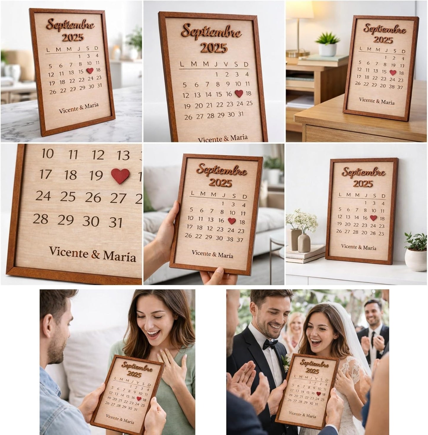 Marco de Madera Personalizado para Parejas con Calendario de Aniversario – Regalo de Boda o San Valentín – Fecha Especial con Corazón en Relieve