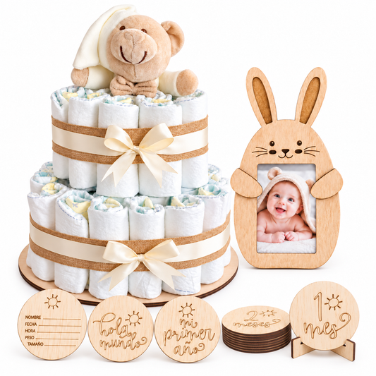 Tarta de Pañales DODOT MARCO DE FOTOS PARA BEBÉ DOUDOU OSITO CUMPLEMESES DE MADERA Regalo Bebé Recién Nacido Olesea