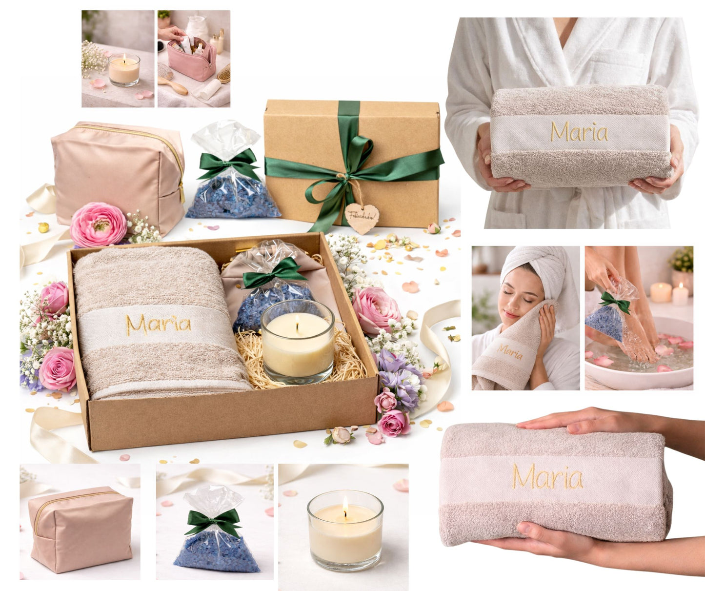 Regalo Día de la Madre, Regalos para Madres, Set con Toalla Personalizada Bordada con Nombre, Neceser, Vela Aromática y Sales de Baño, Regalo Mamá Original Cumpleaños Mujer