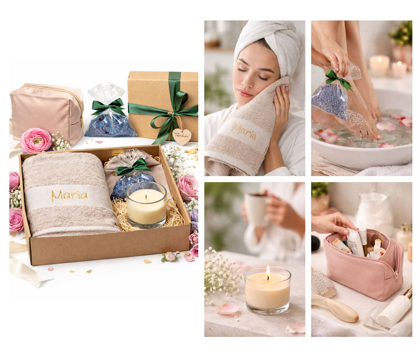 Regalo Día de la Madre, Regalos para Madres, Set con Toalla Personalizada Bordada con Nombre, Neceser, Vela Aromática y Sales de Baño, Regalo Mamá Original Cumpleaños Mujer