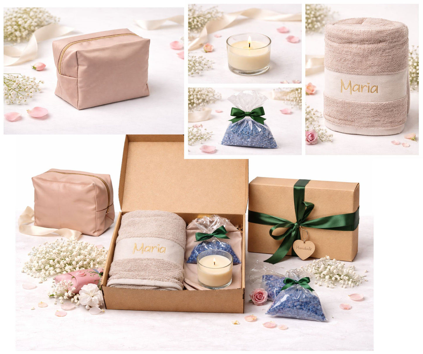 Regalo Día de la Madre, Regalos para Madres, Set con Toalla Personalizada Bordada con Nombre, Neceser, Vela Aromática y Sales de Baño, Regalo Mamá Original Cumpleaños Mujer