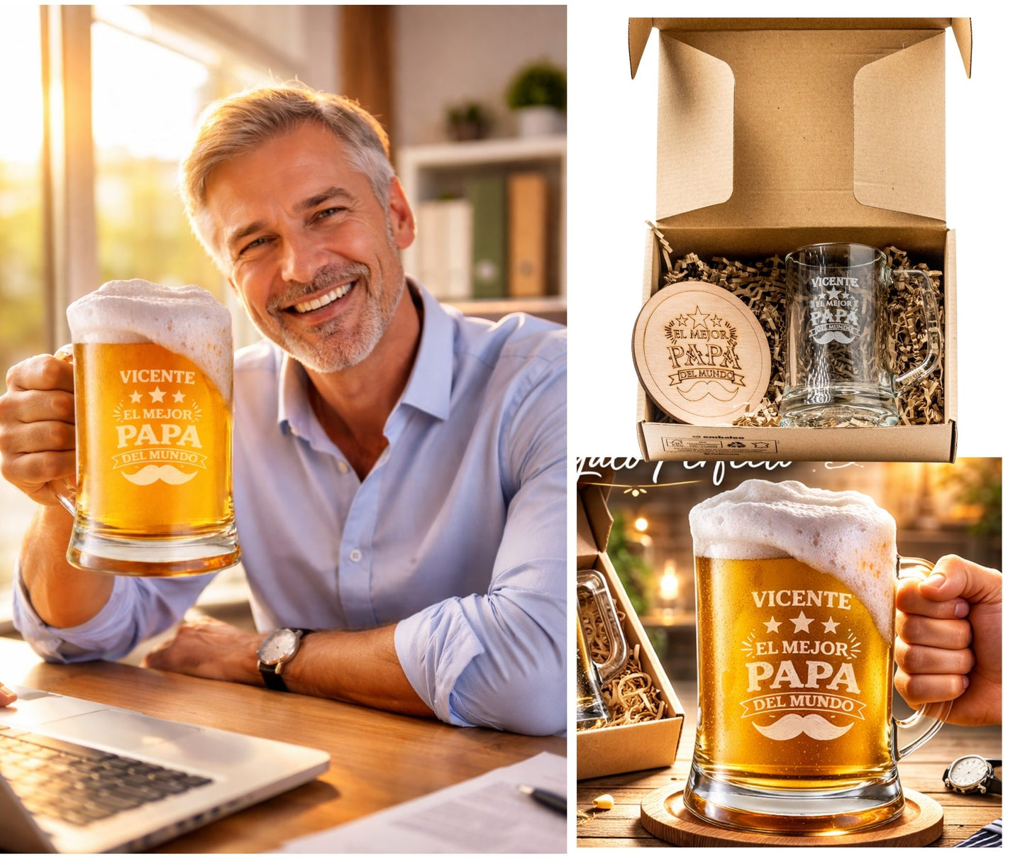 Regalo Padre Jarra de Cerveza Regalos Personalizados Grabado Original Regalo Padre Cumpleaños Mejor Papa Hombre Regalos Aniversario Para Abuelo (Copa De Cerveza)