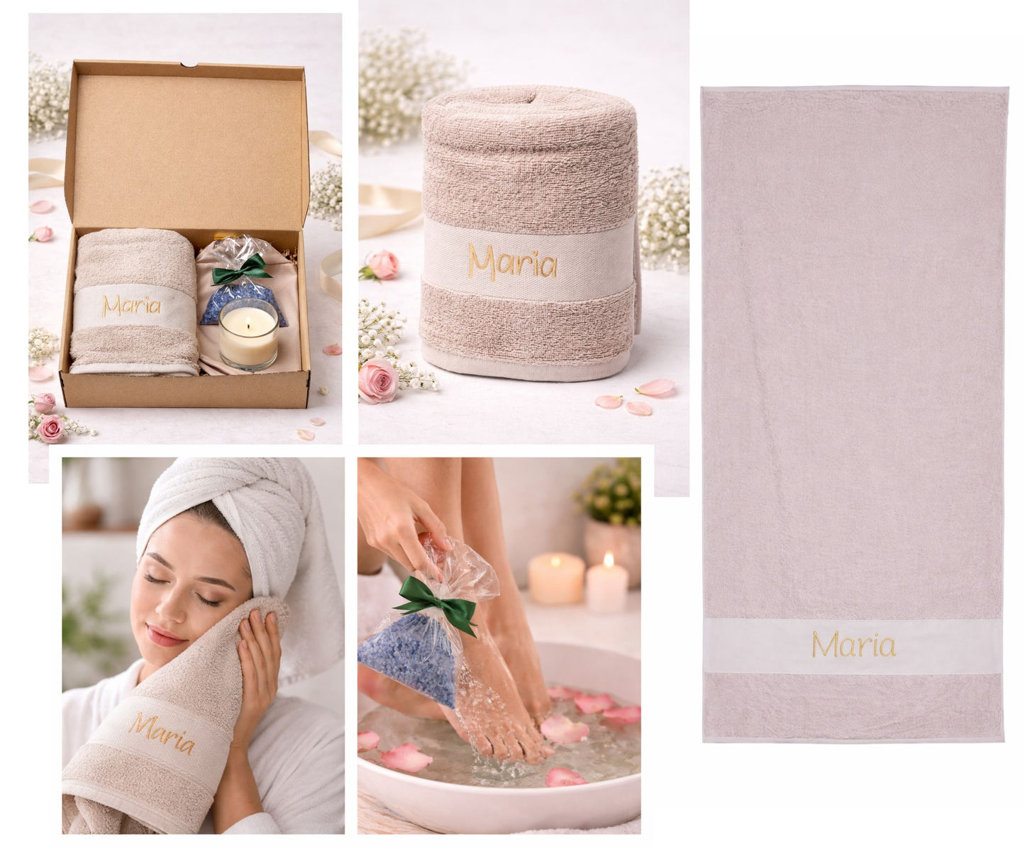 Regalo Día de la Madre, Regalos para Madres, Set con Toalla Personalizada Bordada con Nombre, Neceser, Vela Aromática y Sales de Baño, Regalo Mamá Original Cumpleaños Mujer