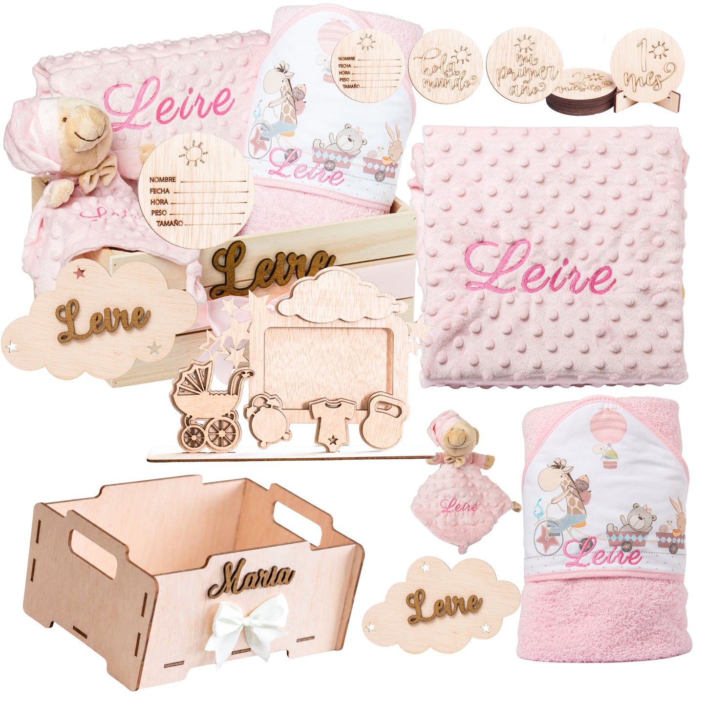 Manta Bebé Personalizada con Nombre - Regalo Recién Nacido Niña o Niño - Cesta Regalo Bebé con Dou Dou y Placas - Mantita Suave - Hecho en España (Cesta Bebe Completo)