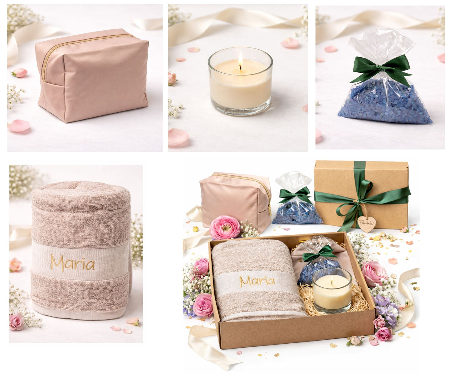 Regalo Día de la Madre, Regalos para Madres, Set con Toalla Personalizada Bordada con Nombre, Neceser, Vela Aromática y Sales de Baño, Regalo Mamá Original Cumpleaños Mujer