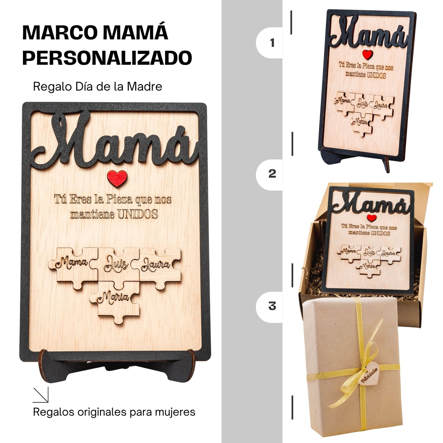 Día de la Madre – Regalo Dia de la Madre Personalizado – Regalos Personalizados Cuadro Puzzle Nombre – Mujer Original – Regalos Mujer Abuela Mama (Negro)