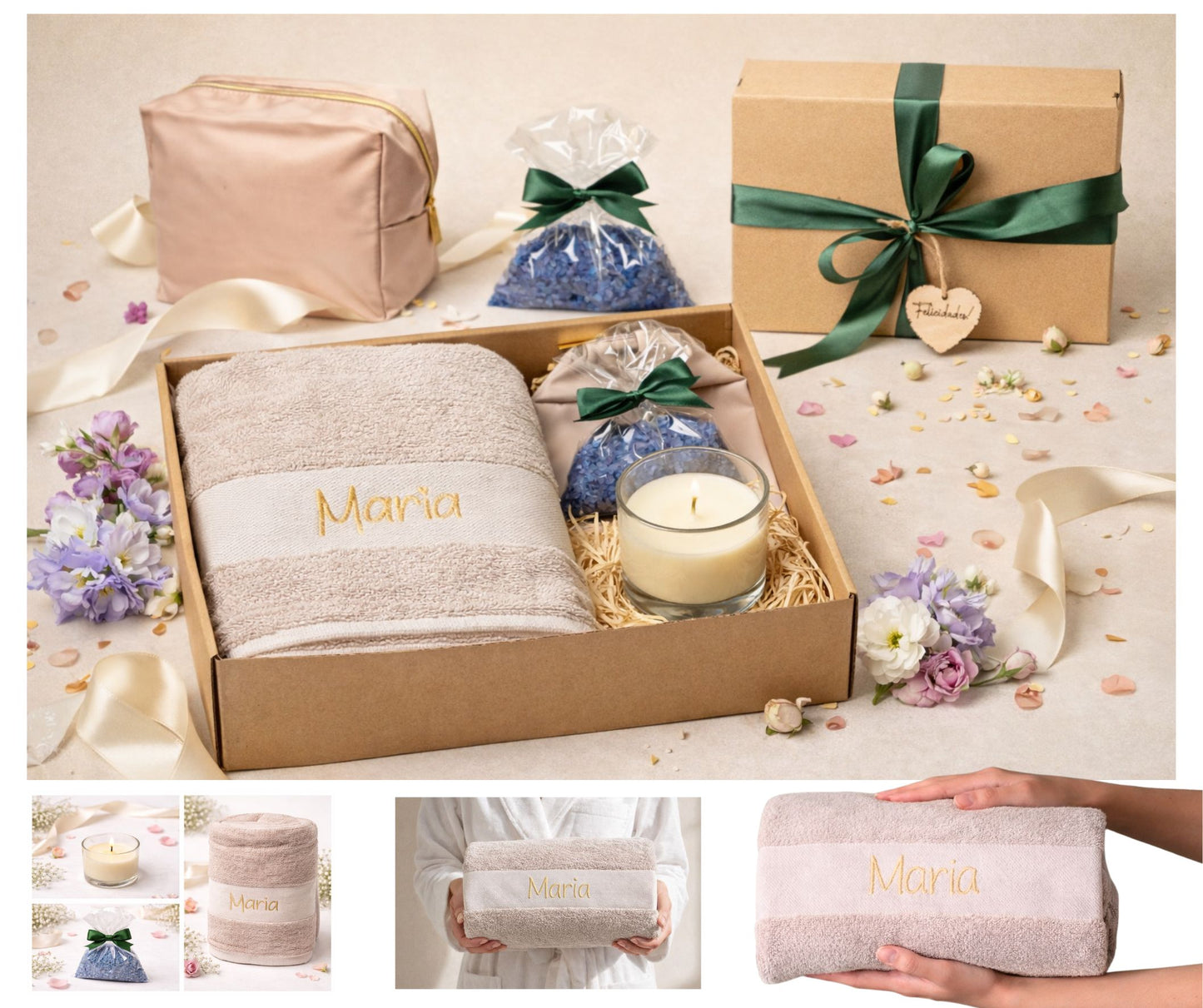 Regalo Día de la Madre, Regalos para Madres, Set con Toalla Personalizada Bordada con Nombre, Neceser, Vela Aromática y Sales de Baño, Regalo Mamá Original Cumpleaños Mujer