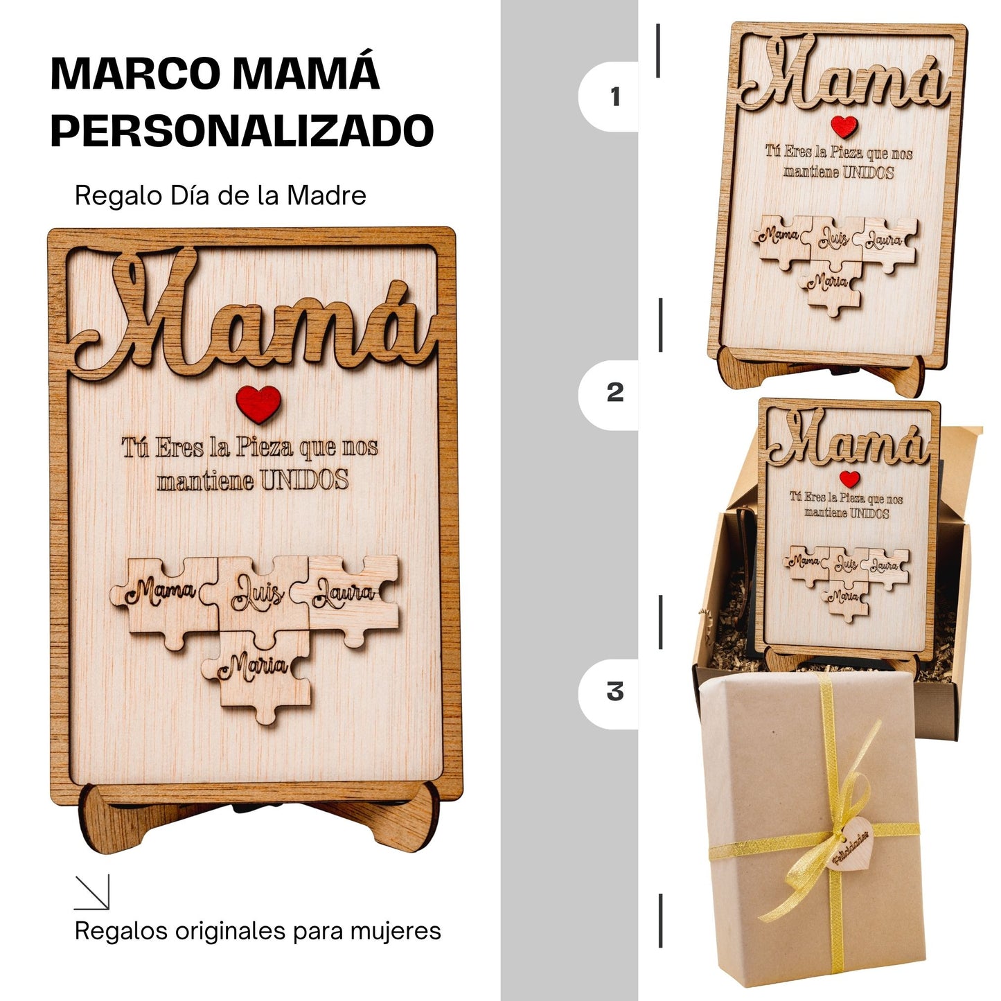 Día de la Madre – Regalo Dia de la Madre Personalizado – Regalos Personalizados Cuadro Puzzle Nombre – Mujer Original – Regalos Mujer Abuela Mama (Roble)