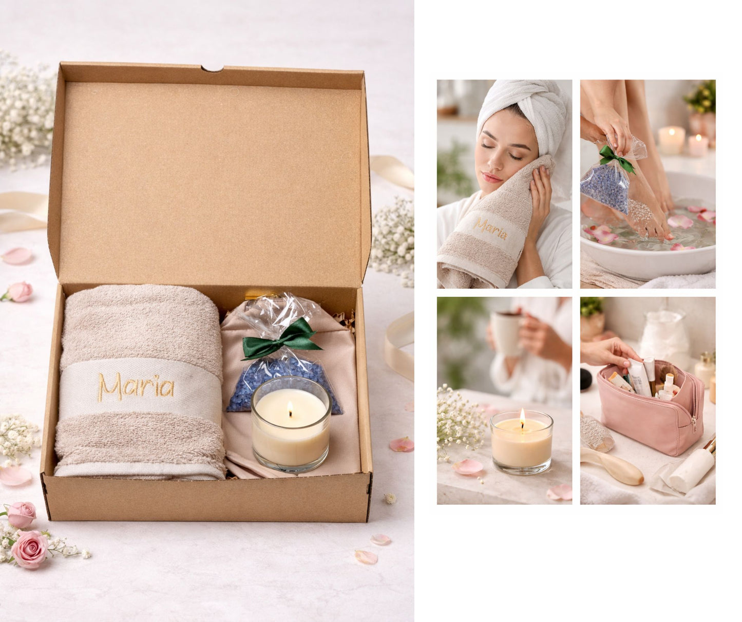Regalo Día de la Madre, Regalos para Madres, Set con Toalla Personalizada Bordada con Nombre, Neceser, Vela Aromática y Sales de Baño, Regalo Mamá Original Cumpleaños Mujer