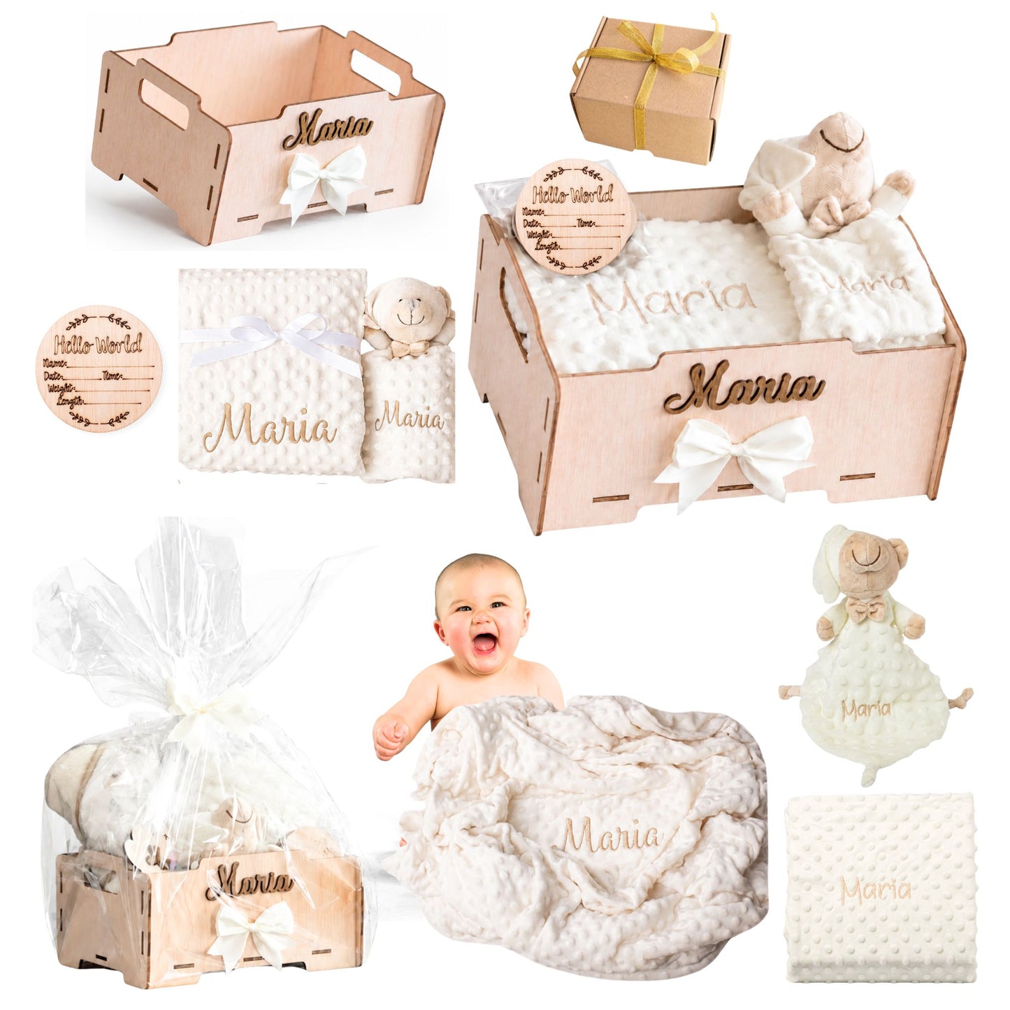 Manta Bebé Personalizada con Nombre - Regalo Recién Nacido Niña o Niño - Cesta Regalo Bebé con Dou Dou y Placas - Mantita Suave - Hecho en España (Cesta Bebe Basic)