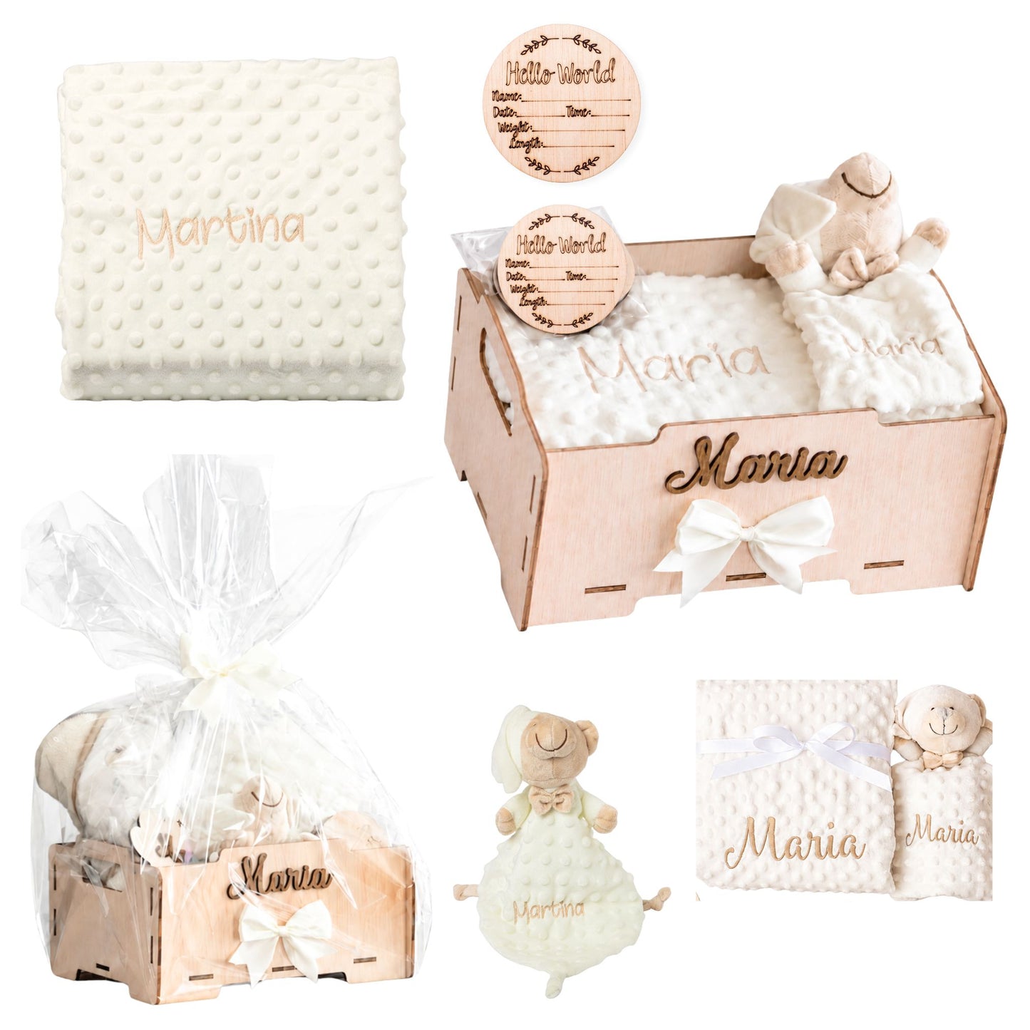 Manta Bebé Personalizada con Nombre - Regalo Recién Nacido Niña o Niño - Cesta Regalo Bebé con Dou Dou y Placas - Mantita Suave - Hecho en España (Cesta Bebe Basic)