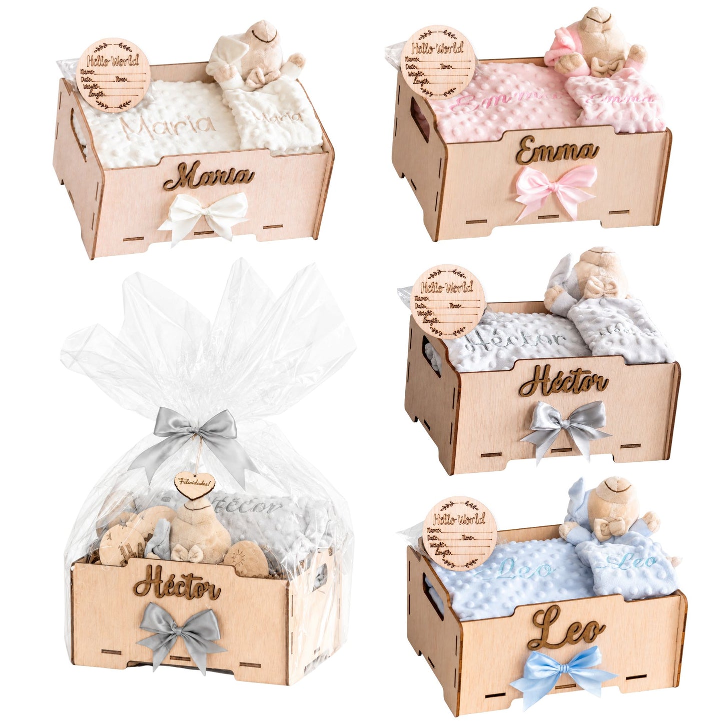 Manta Bebé Personalizada con Nombre - Regalo Recién Nacido Niña o Niño - Cesta Regalo Bebé con Dou Dou y Placas - Mantita Suave - Hecho en España (Cesta Bebe Basic)