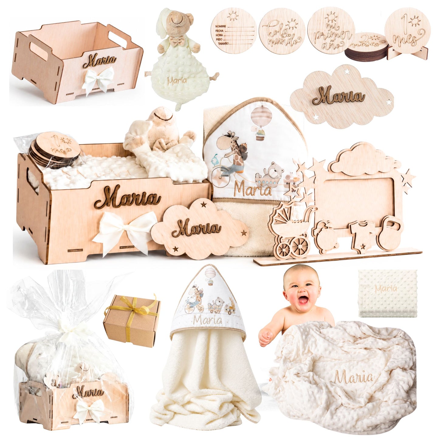 Manta Bebé Personalizada con Nombre - Regalo Recién Nacido Niña o Niño - Cesta Regalo Bebé con Dou Dou y Placas - Mantita Suave - Hecho en España (Cesta Bebe Completo)