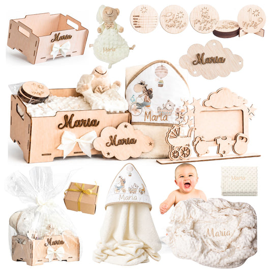 Manta Bebé Personalizada con Nombre - Regalo Recién Nacido Niña o Niño - Cesta Regalo Bebé con Dou Dou y Placas - Mantita Suave - Hecho en España (Cesta Bebe Completo)
