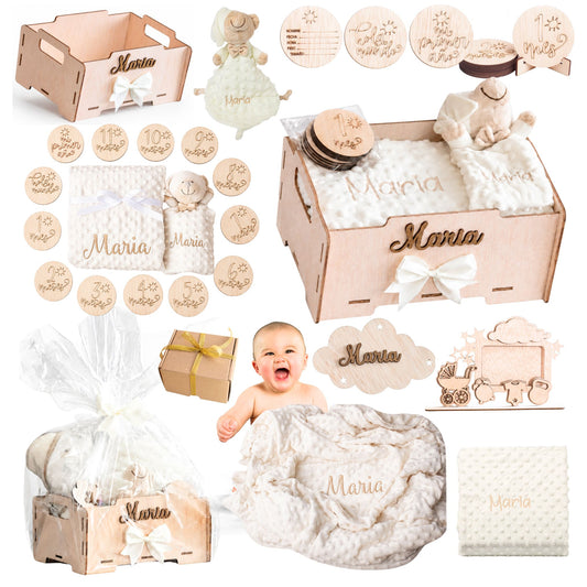 Manta Bebé Personalizada con Nombre - Regalo Recién Nacido Niña o Niño - Cesta Regalo Bebé con Dou Dou y Placas - Mantita Suave - Hecho en España (Cesta Bebe Esencial)