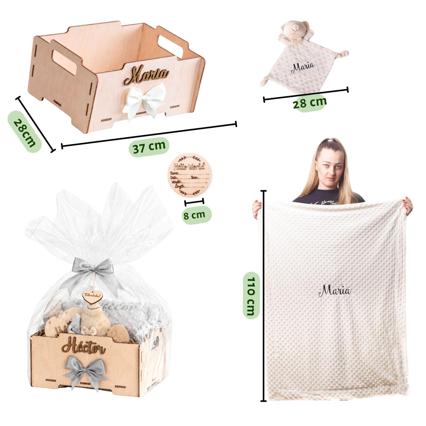 Manta Bebé Personalizada con Nombre - Regalo Recién Nacido Niña o Niño - Cesta Regalo Bebé con Dou Dou y Placas - Mantita Suave - Hecho en España (Cesta Bebe Basic)