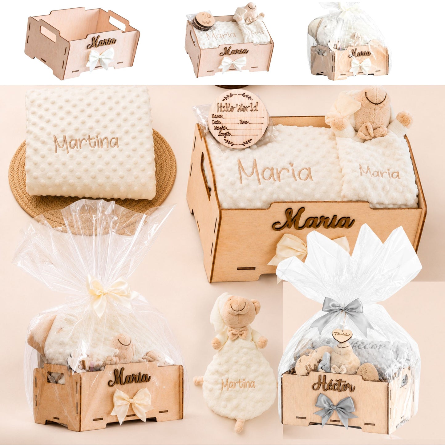 Manta Bebé Personalizada con Nombre - Regalo Recién Nacido Niña o Niño - Cesta Regalo Bebé con Dou Dou y Placas - Mantita Suave - Hecho en España (Cesta Bebe Basic)