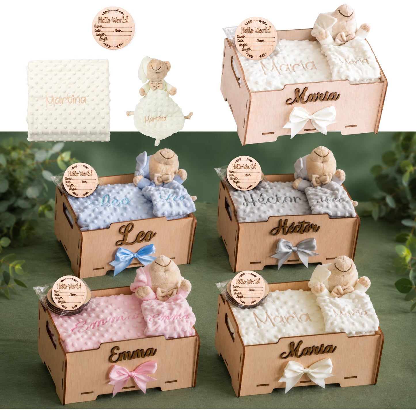 Manta Bebé Personalizada con Nombre - Regalo Recién Nacido Niña o Niño - Cesta Regalo Bebé con Dou Dou y Placas - Mantita Suave - Hecho en España (Cesta Bebe Basic)