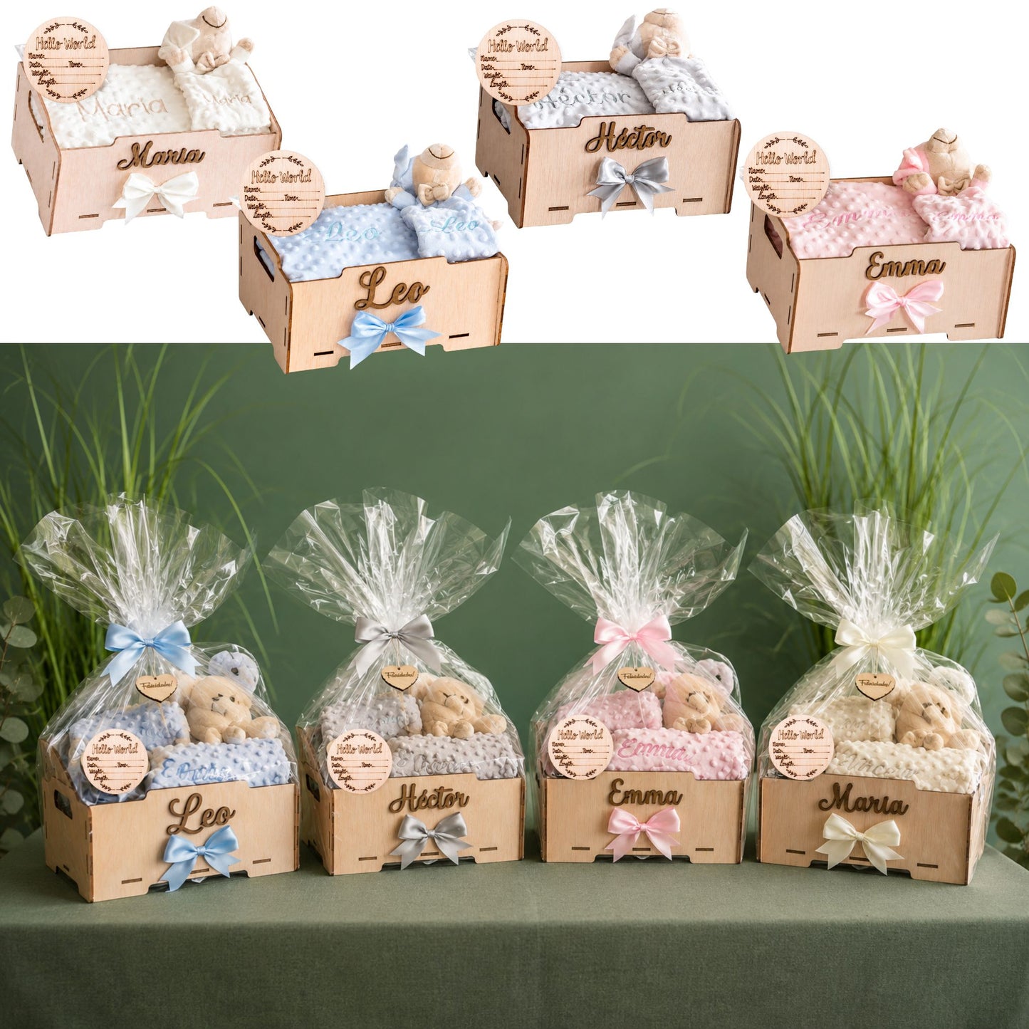 Manta Bebé Personalizada con Nombre - Regalo Recién Nacido Niña o Niño - Cesta Regalo Bebé con Dou Dou y Placas - Mantita Suave - Hecho en España (Cesta Bebe Basic)