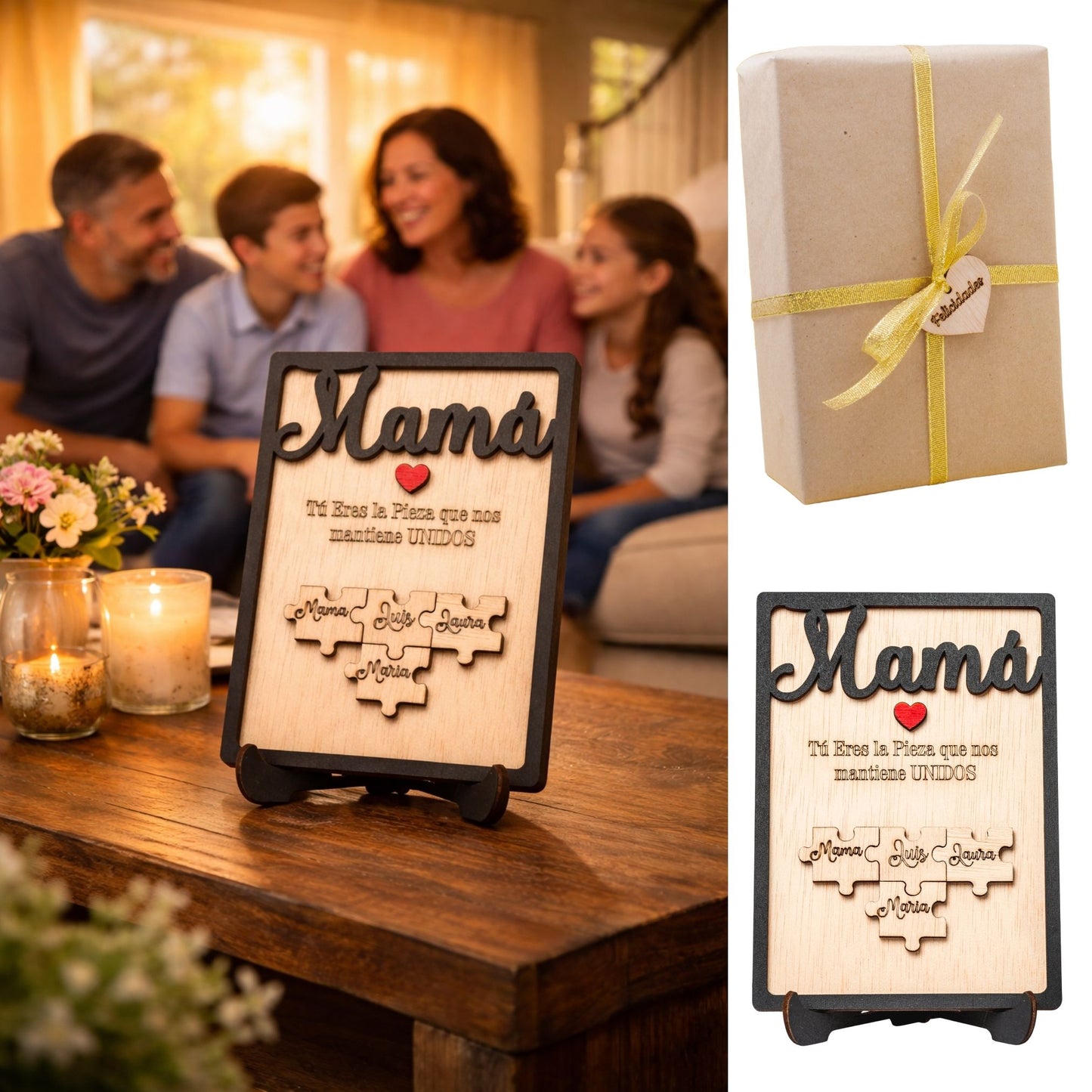 Día de la Madre – Regalo Dia de la Madre Personalizado – Regalos Personalizados Cuadro Puzzle Nombre – Mujer Original – Regalos Mujer Abuela Mama (Negro)