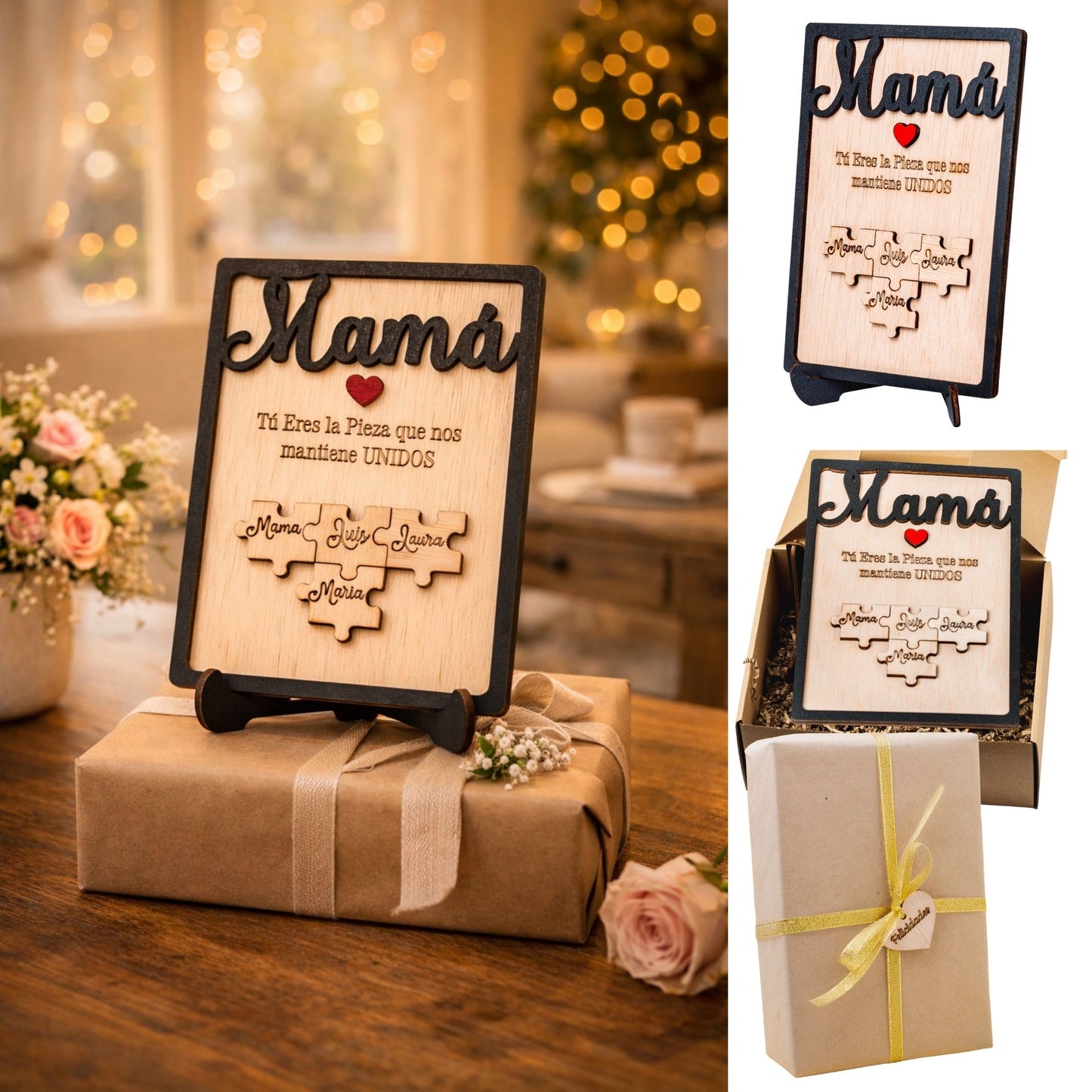 Día de la Madre – Regalo Dia de la Madre Personalizado – Regalos Personalizados Cuadro Puzzle Nombre – Mujer Original – Regalos Mujer Abuela Mama (Negro)