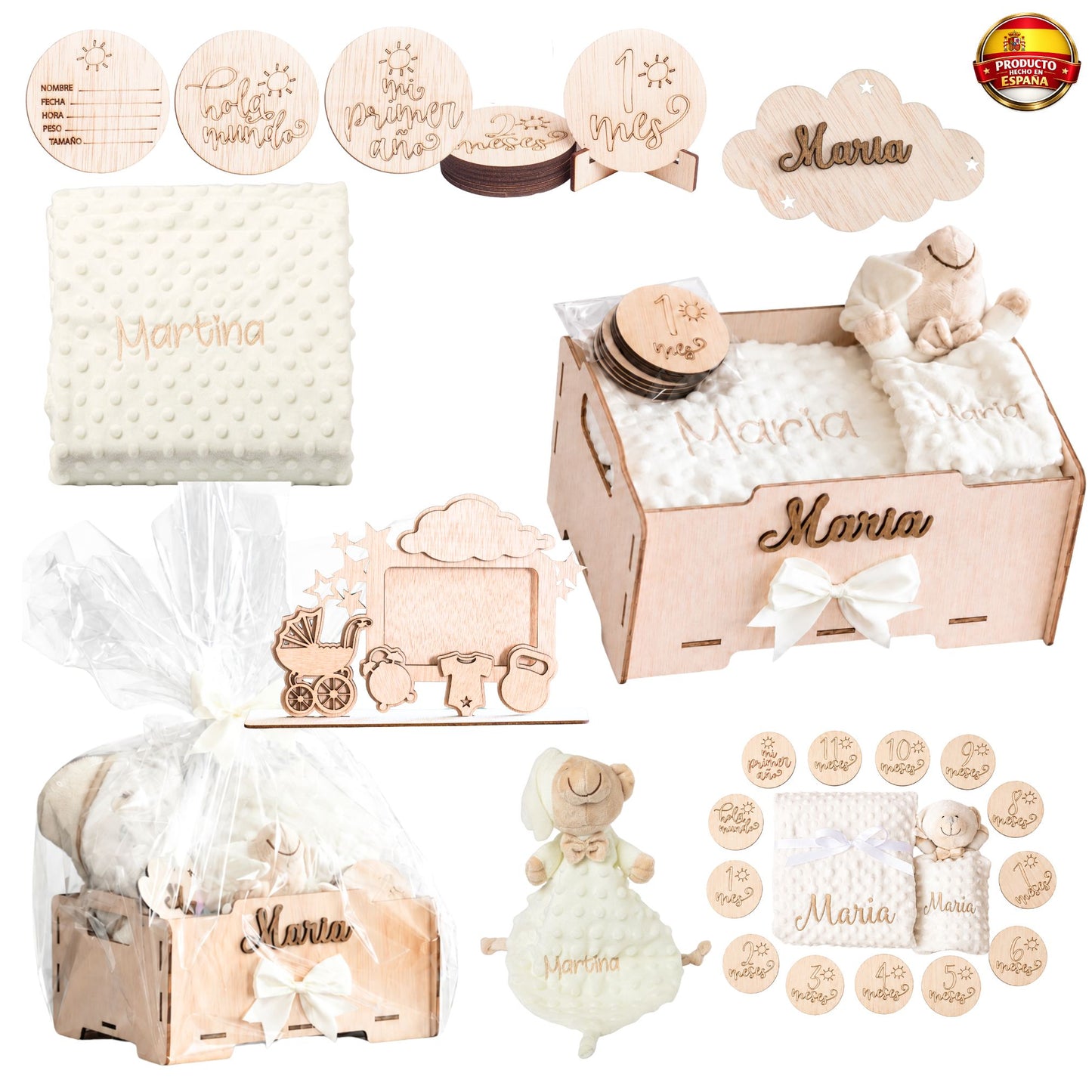 Manta Bebé Personalizada con Nombre - Regalo Recién Nacido Niña o Niño - Cesta Regalo Bebé con Dou Dou y Placas - Mantita Suave - Hecho en España (Cesta Bebe Esencial)
