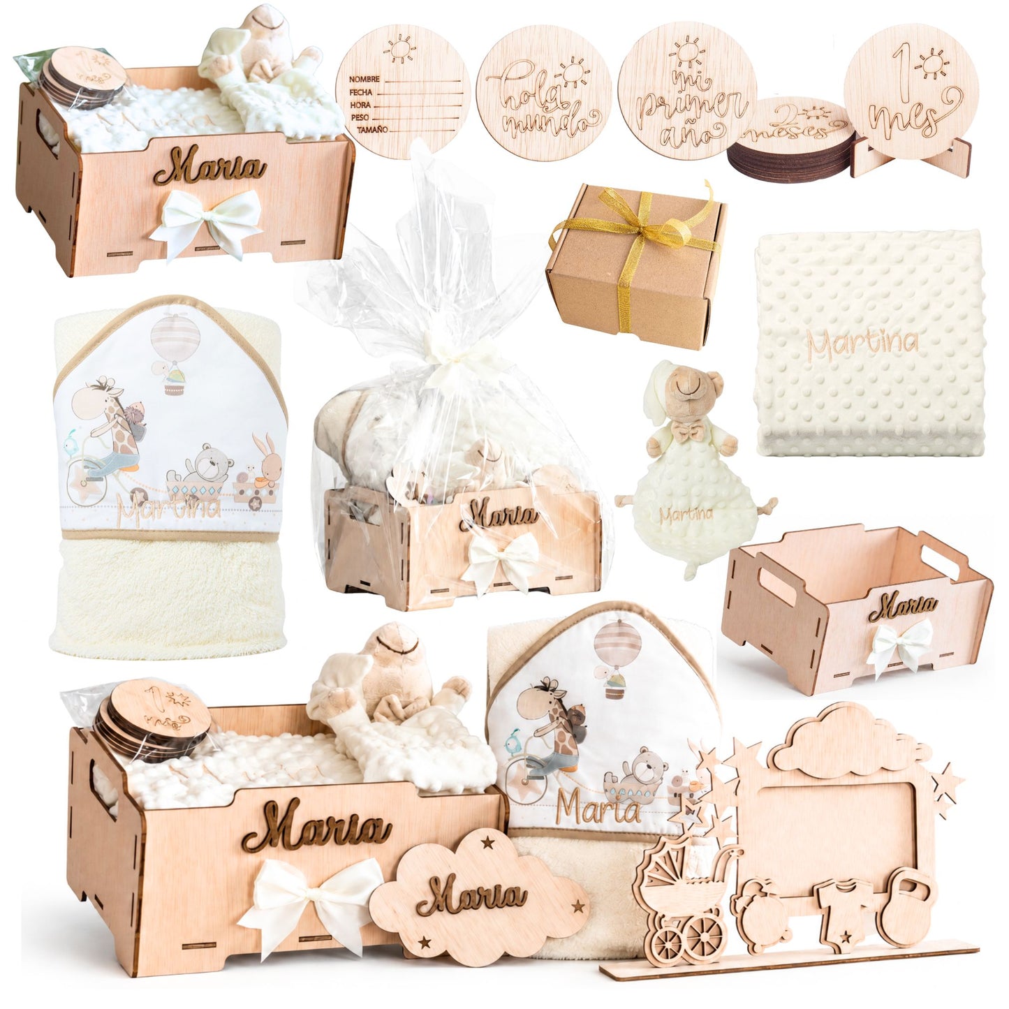 Manta Bebé Personalizada con Nombre - Regalo Recién Nacido Niña o Niño - Cesta Regalo Bebé con Dou Dou y Placas - Mantita Suave - Hecho en España (Cesta Bebe Completo)