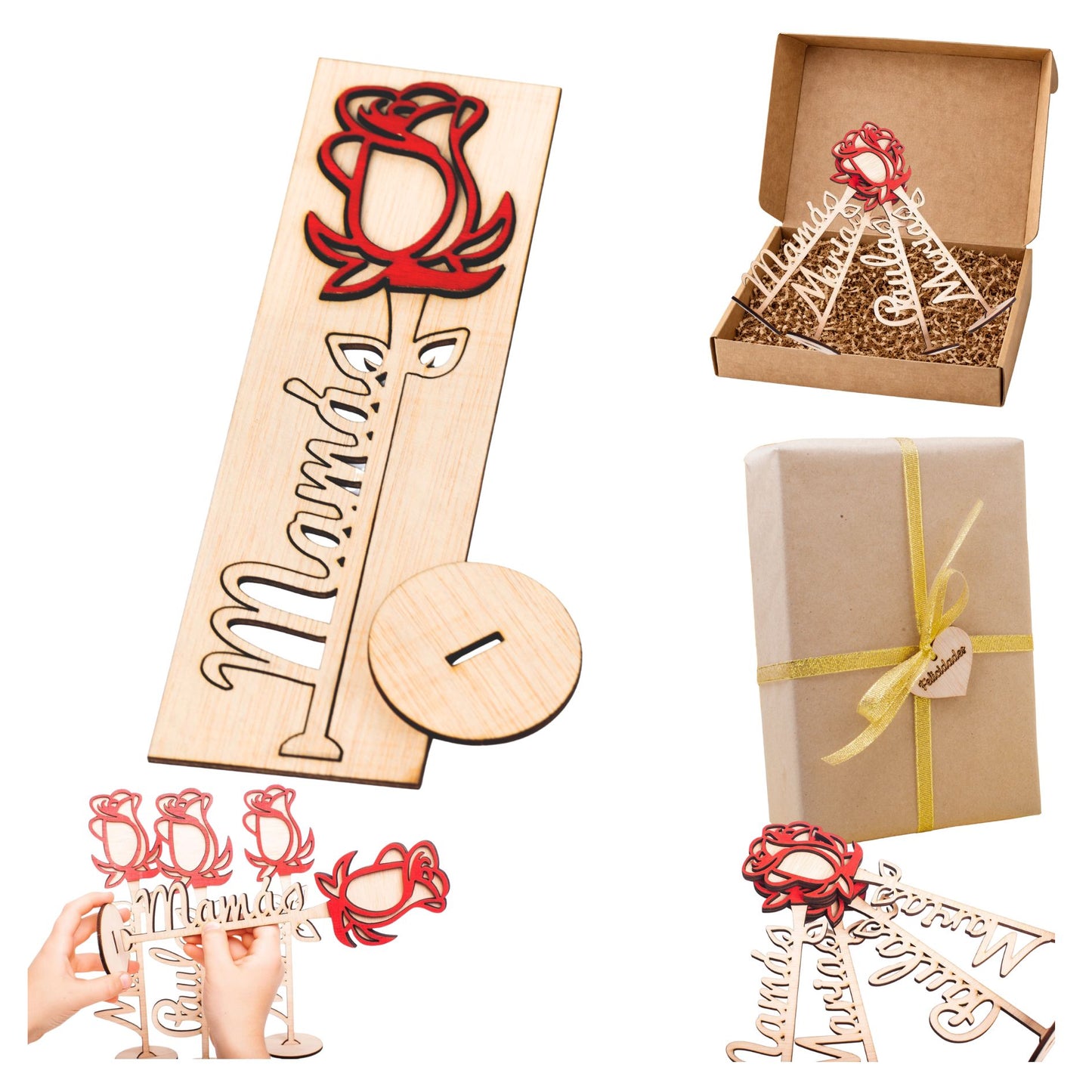 Olesea Rosa de Madera Personalizada Día de la Madre, Día del Libro, San Valentín, Aniversario personalizable Regalo Original Rosa Sant Jordi, La Bella y la Bestia, Decoración Bodas (Rosa Madera)