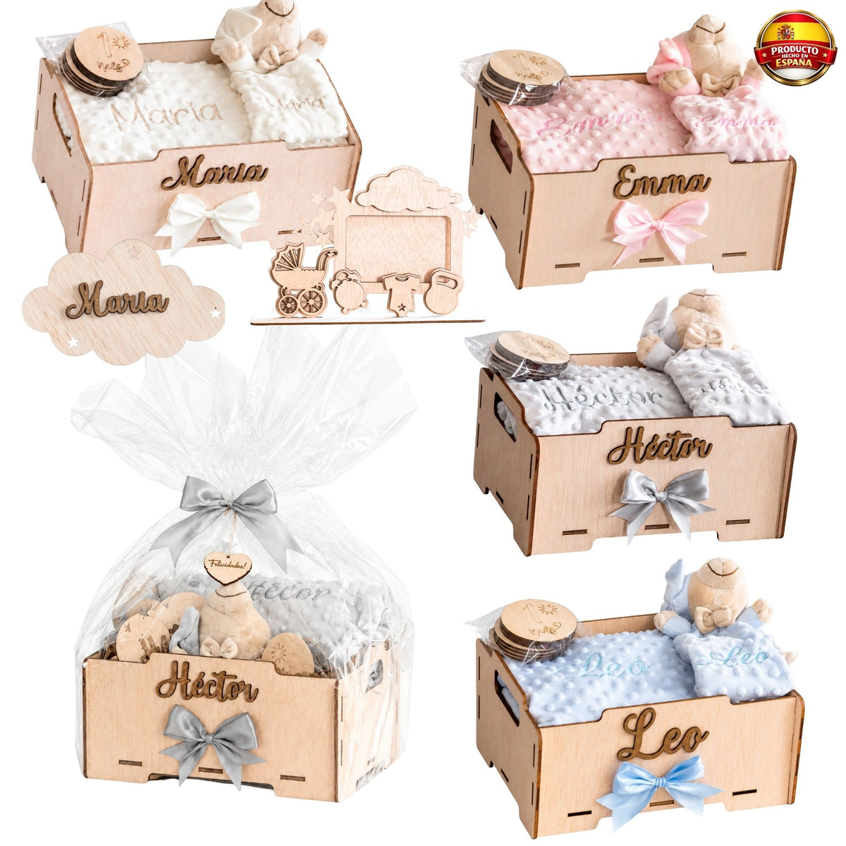 Manta Bebé Personalizada con Nombre - Regalo Recién Nacido Niña o Niño - Cesta Regalo Bebé con Dou Dou y Placas - Mantita Suave - Hecho en España (Cesta Bebe Esencial)