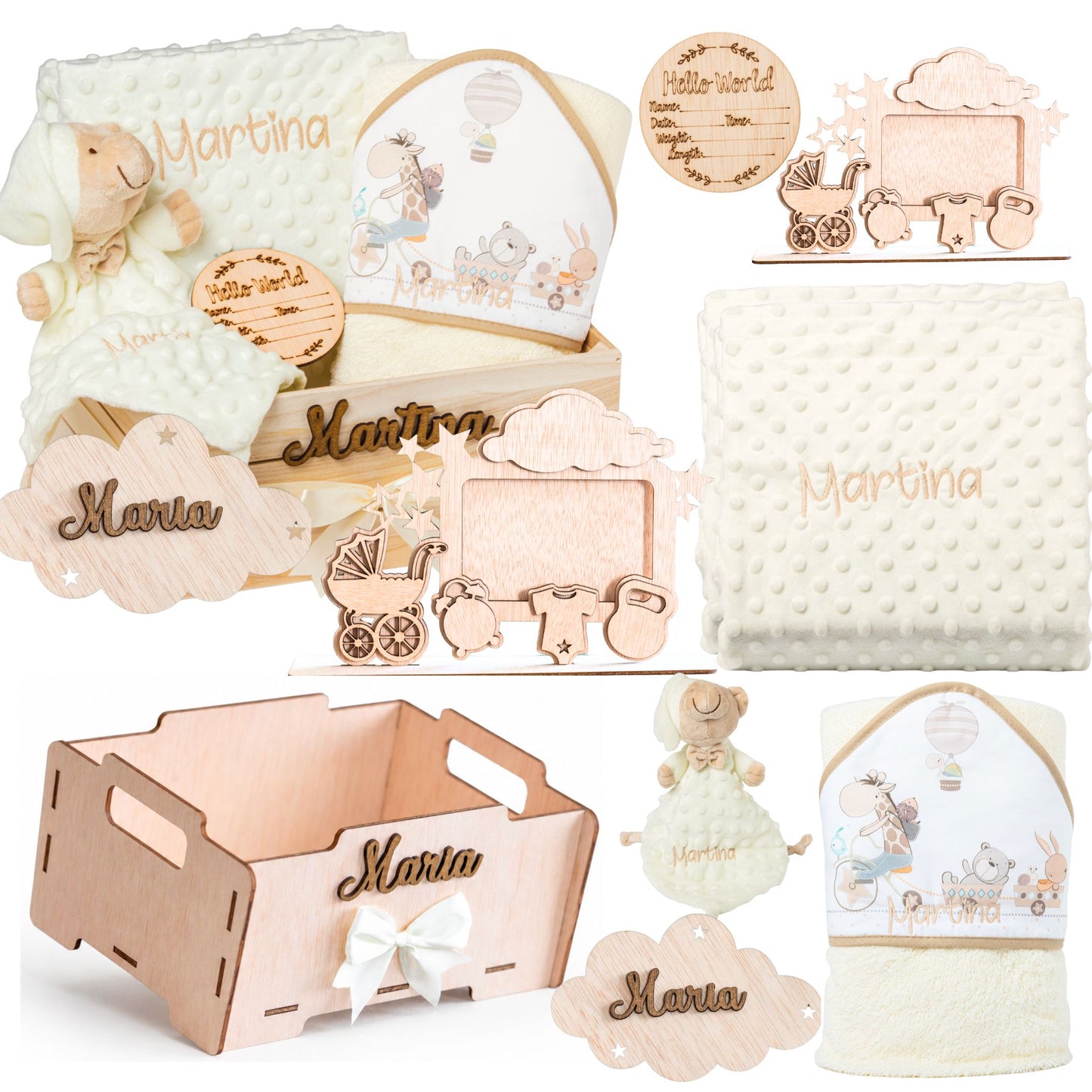 Manta Bebé Personalizada con Nombre - Regalo Recién Nacido Niña o Niño - Cesta Regalo Bebé con Dou Dou y Placas - Mantita Suave - Hecho en España (Cesta Bebe Completo)
