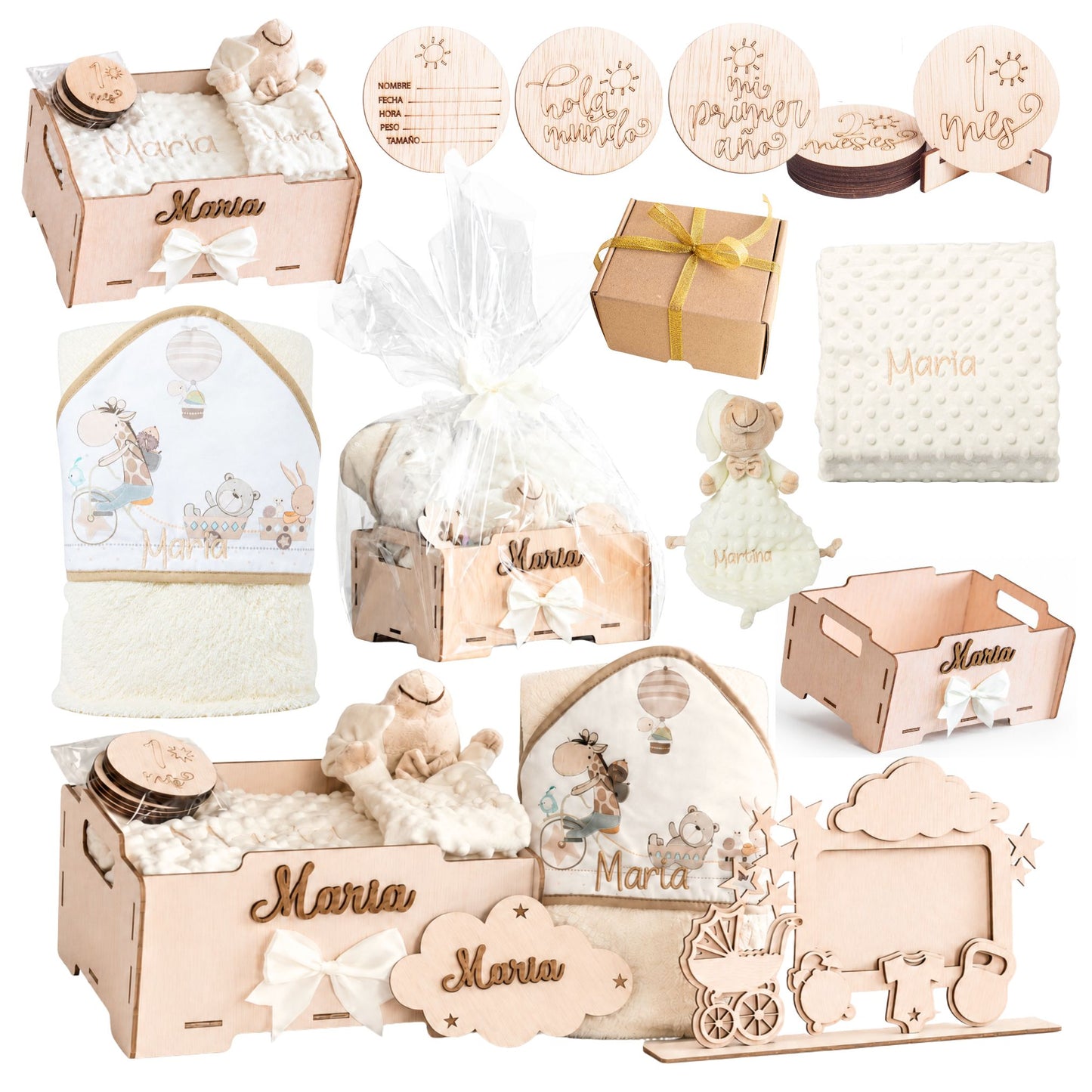 Manta Bebé Personalizada con Nombre - Regalo Recién Nacido Niña o Niño - Cesta Regalo Bebé con Dou Dou y Placas - Mantita Suave - Hecho en España (Cesta Bebe Completo)