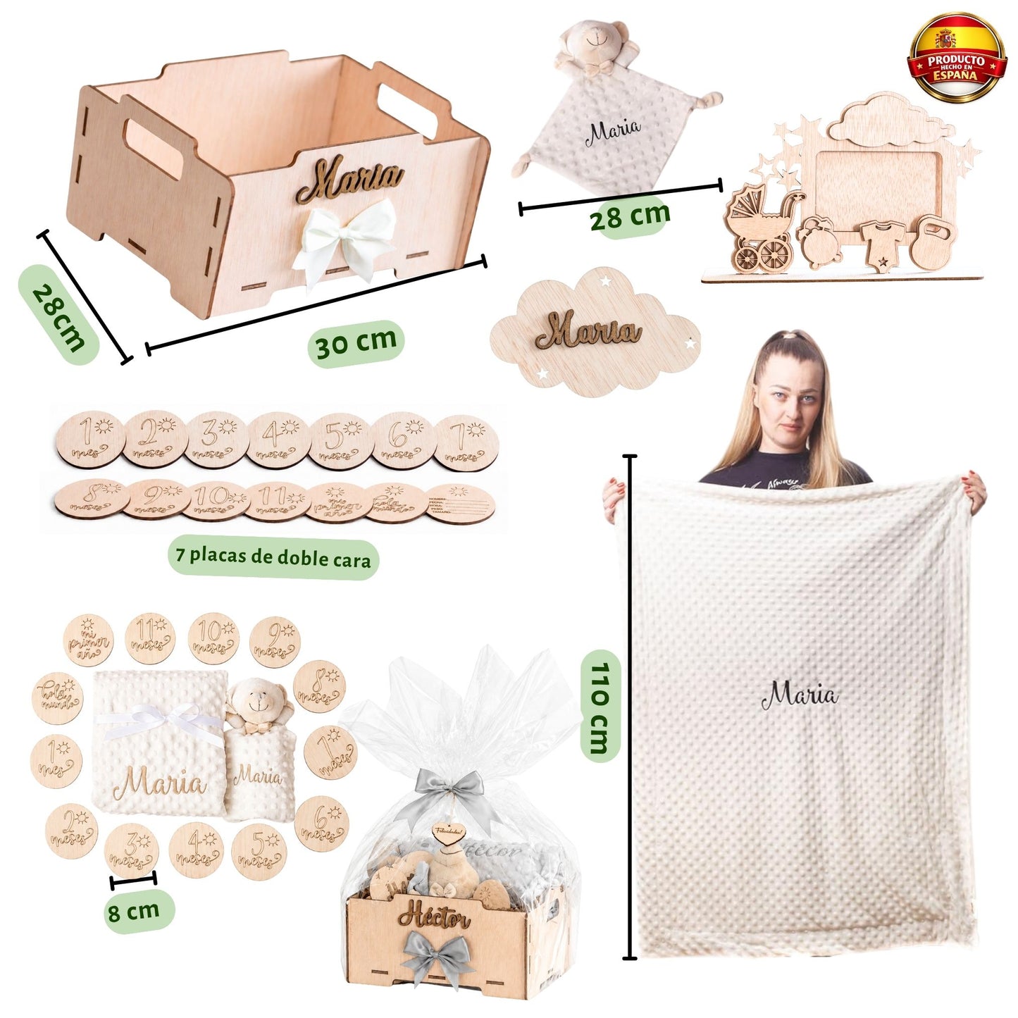Manta Bebé Personalizada con Nombre - Regalo Recién Nacido Niña o Niño - Cesta Regalo Bebé con Dou Dou y Placas - Mantita Suave - Hecho en España (Cesta Bebe Esencial)