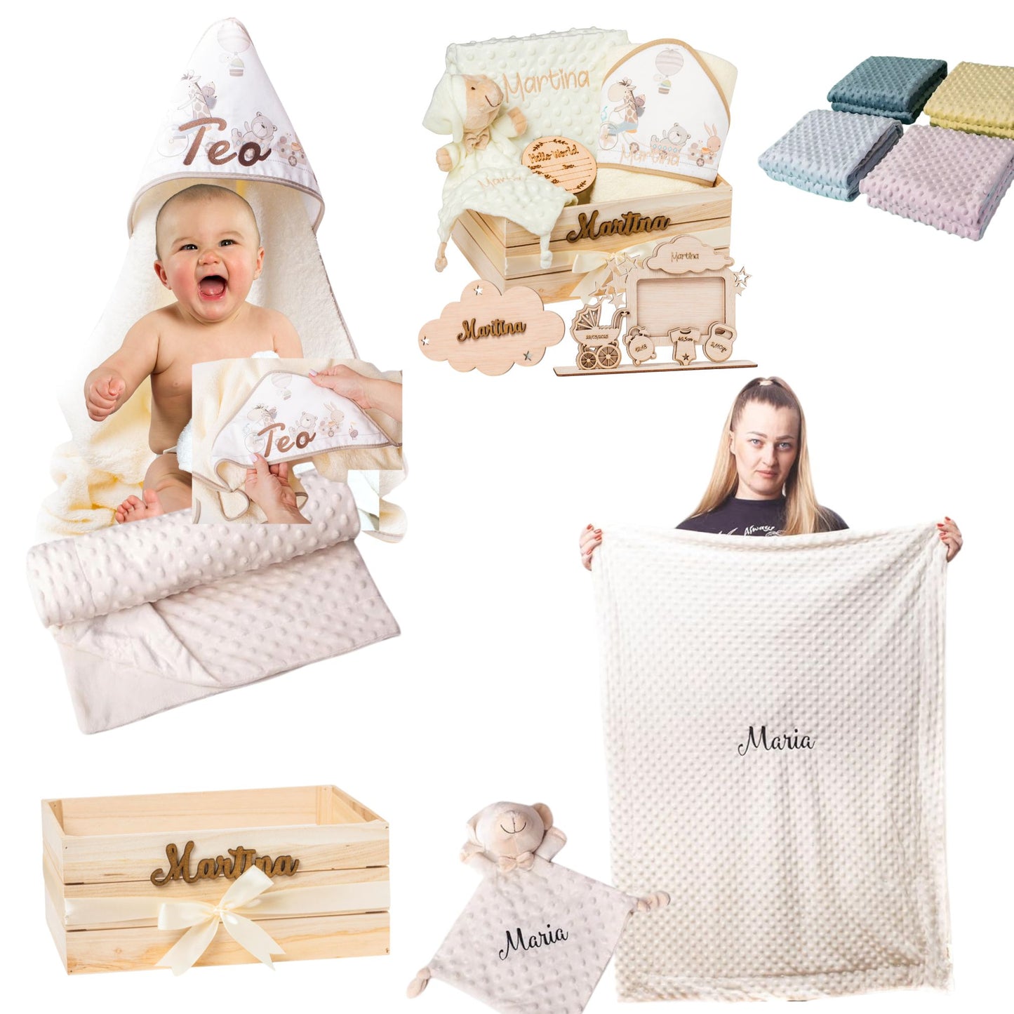 Regalo para Bebé Recién Nacido Niño o Niña | Cesta con Manta, DouDou, Marco Bebé y Hello World|Canastilla Embarazo,Bautizo,Hospital y Baby Shower | Nombre en Madera | Olesea (Beige)