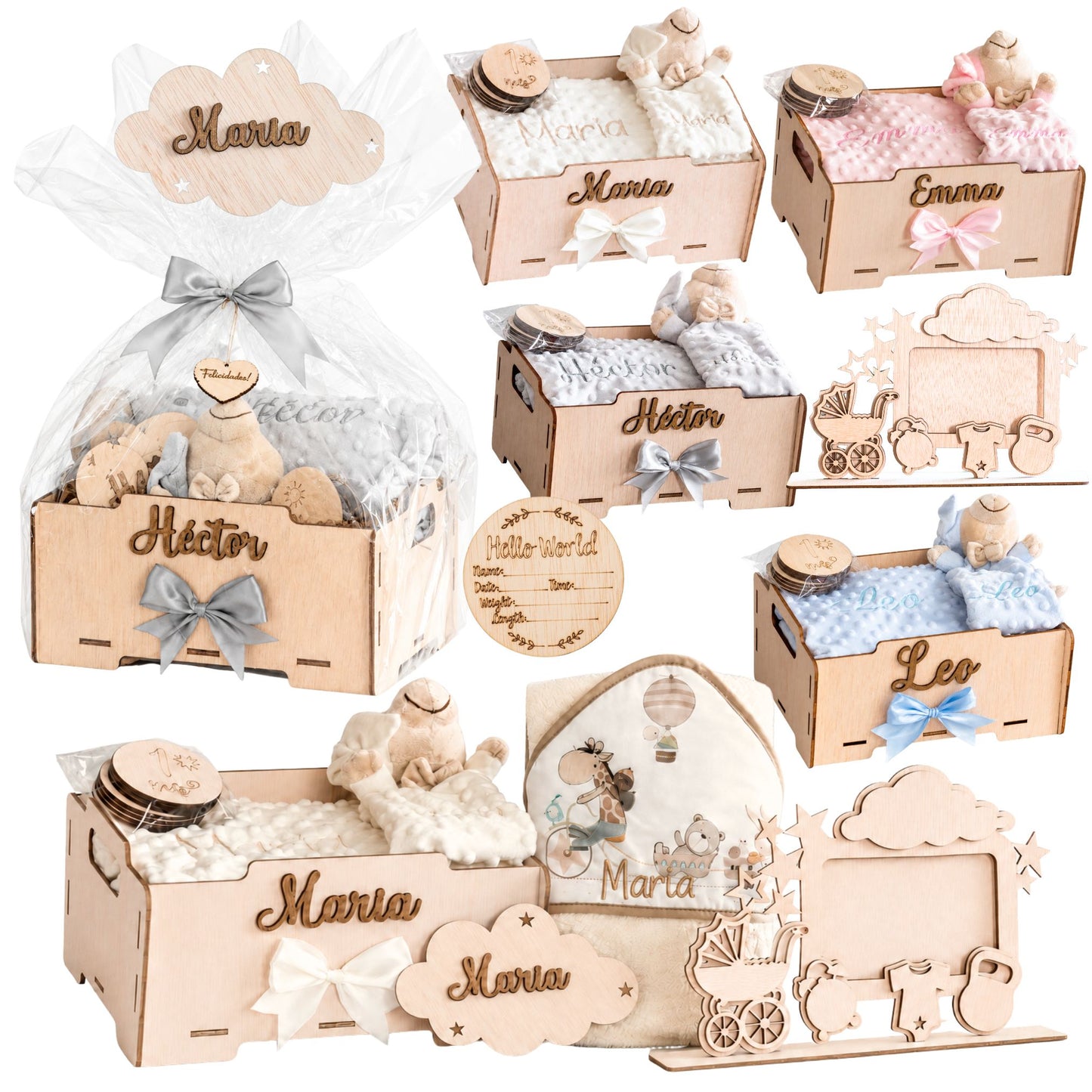 Manta Bebé Personalizada con Nombre - Regalo Recién Nacido Niña o Niño - Cesta Regalo Bebé con Dou Dou y Placas - Mantita Suave - Hecho en España (Cesta Bebe Completo)