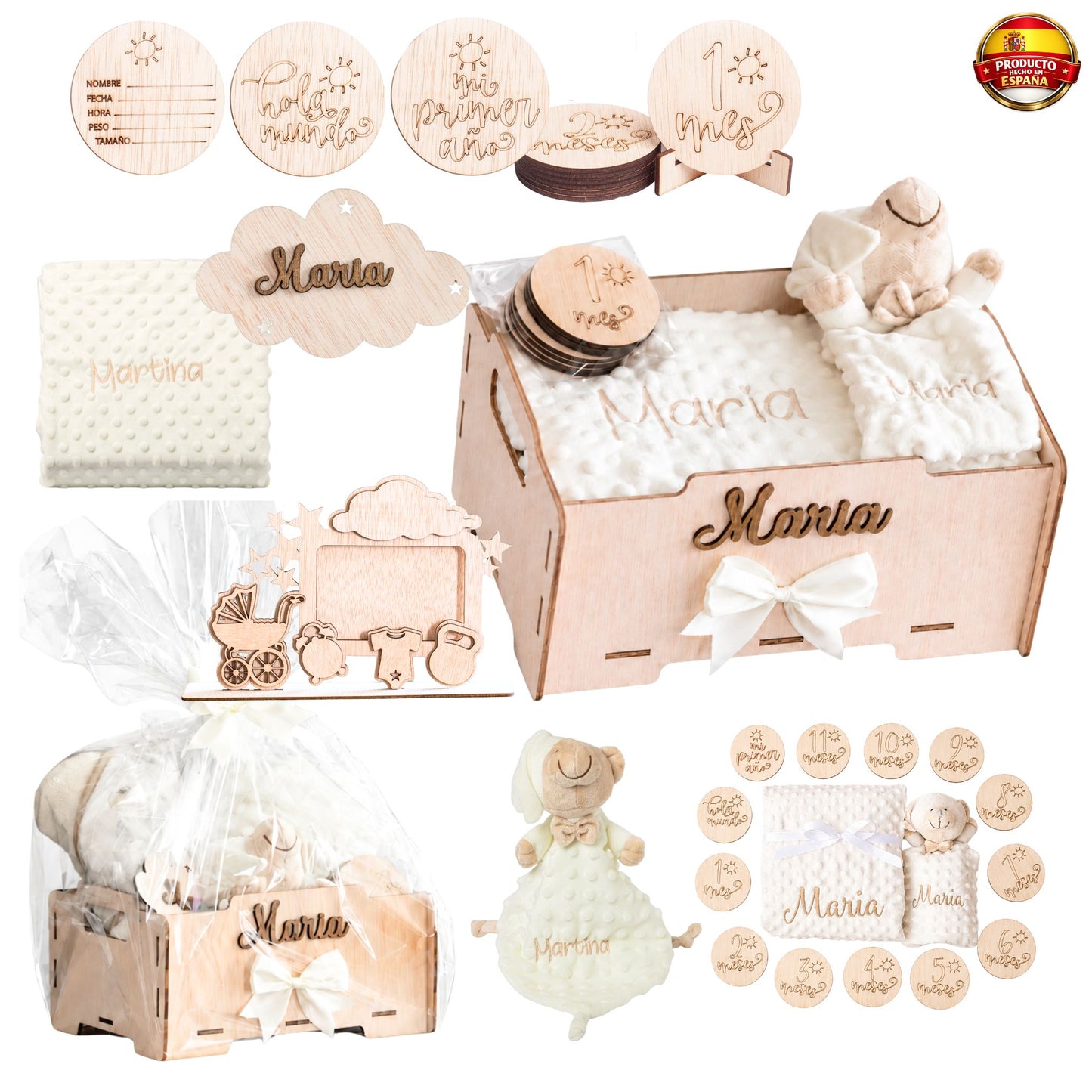 Manta Bebé Personalizada con Nombre - Regalo Recién Nacido Niña o Niño - Cesta Regalo Bebé con Dou Dou y Placas - Mantita Suave - Hecho en España (Cesta Bebe Esencial)
