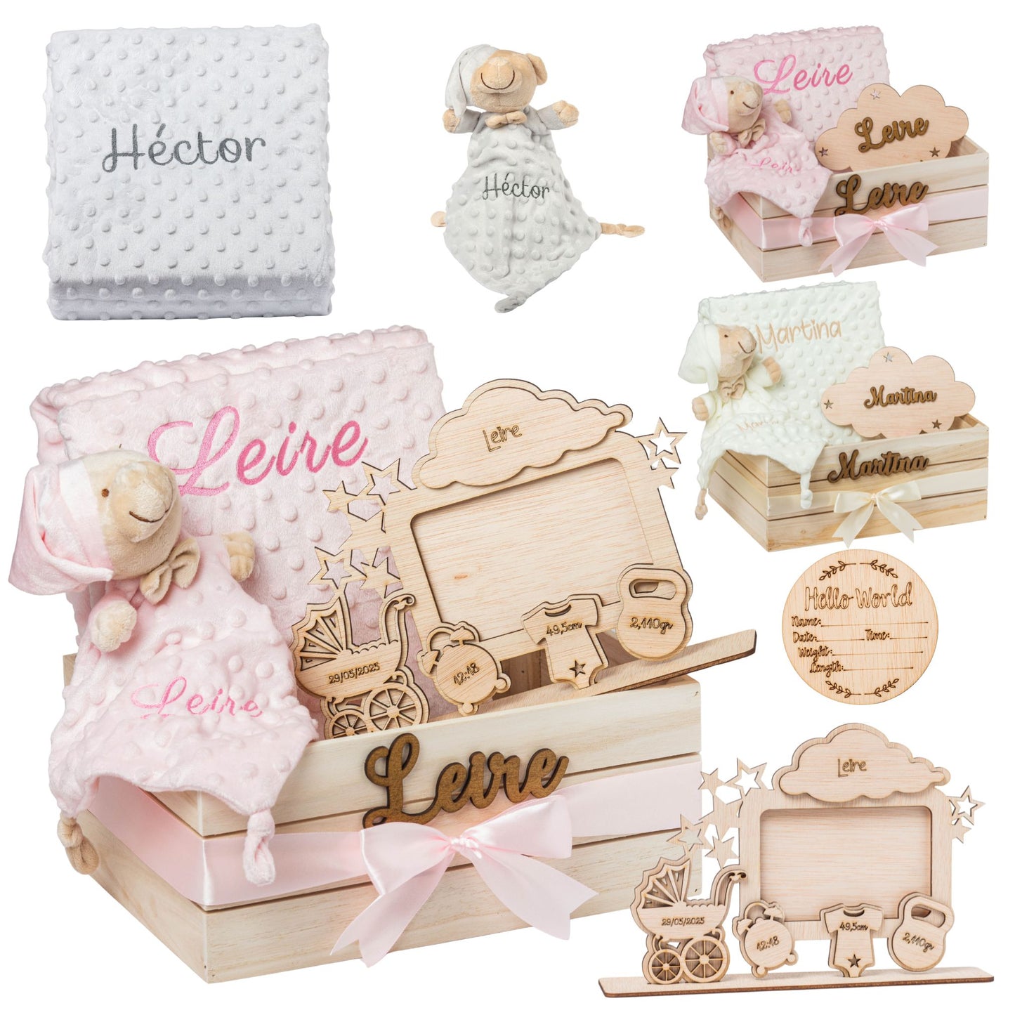 Regalo para Bebé Recién Nacido Niño o Niña | Cesta con Manta, DouDou, Marco Bebé y Hello World|Canastilla Embarazo,Bautizo,Hospital y Baby Shower | Nombre en Madera | Olesea (Beige)