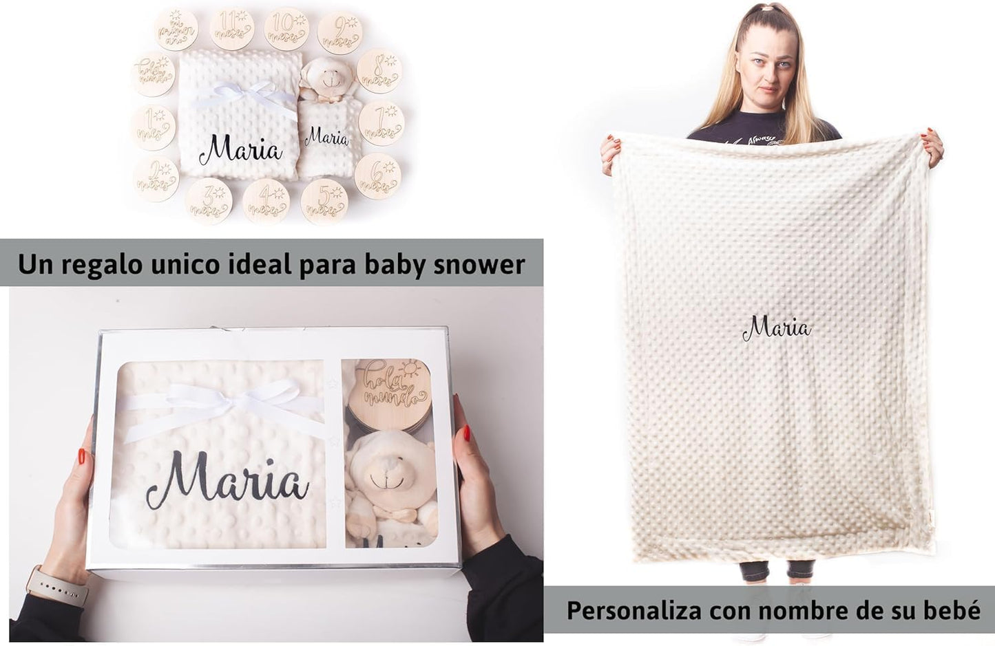 Manta Bebé Personalizada con Nombre Bordado+Placas Cumplemes +Dou Dou–Regalo Recién Nacido Niño o Niña – Cesta Canastilla Bebé Hecha a Mano – Regalos Originales