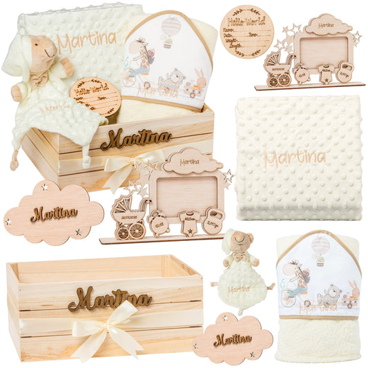 Regalo para Bebé Recién Nacido Niño o Niña | Cesta con Manta, DouDou, Capa de Baño, Nube Decorativa y Marco|Canastilla Embarazo,Bautizo,Hospital y Baby Shower | Nombre en Madera | Olesea (Beige)