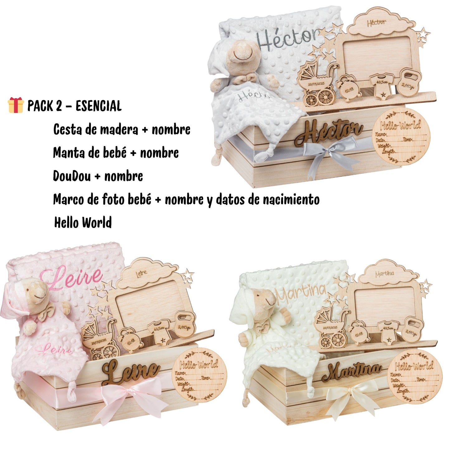 Regalo para Bebé Recién Nacido Niño o Niña | Cesta con Manta, DouDou, Marco Bebé y Hello World|Canastilla Embarazo,Bautizo,Hospital y Baby Shower | Nombre en Madera | Olesea (Beige)