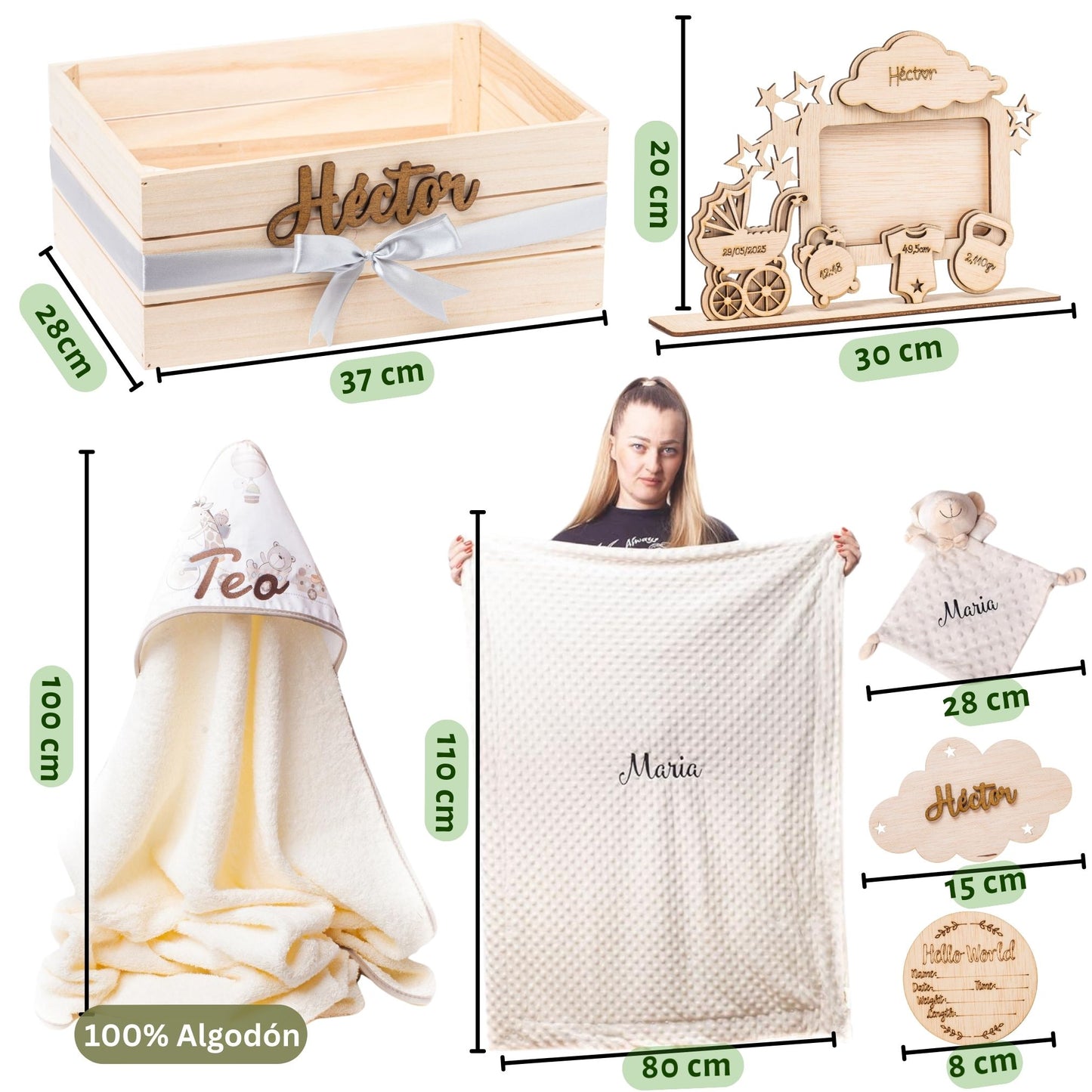 Regalo para Bebé Recién Nacido Niño o Niña | Cesta con Manta, DouDou, Marco Bebé y Hello World|Canastilla Embarazo,Bautizo,Hospital y Baby Shower | Nombre en Madera | Olesea (Beige)