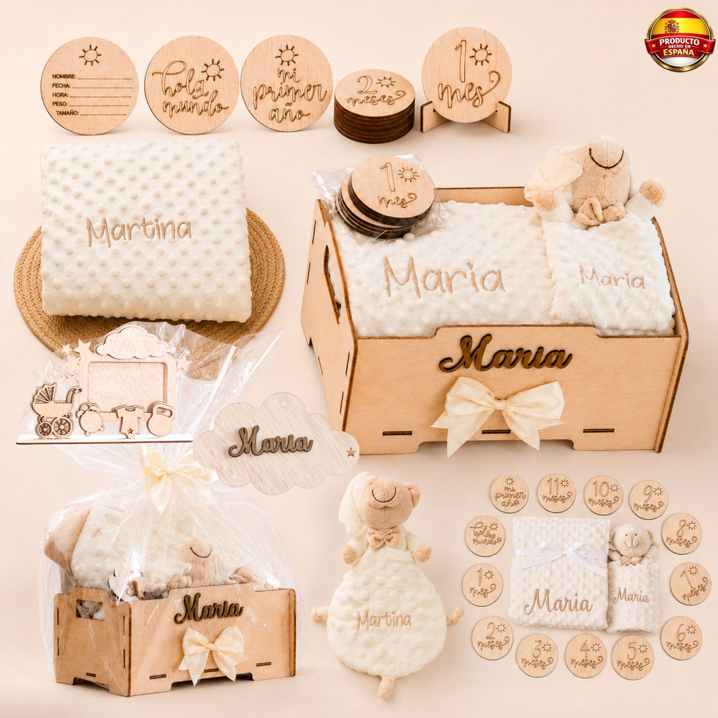 Manta Bebé Personalizada con Nombre - Regalo Recién Nacido Niña o Niño - Cesta Regalo Bebé con Dou Dou y Placas - Mantita Suave - Hecho en España (Cesta Bebe Esencial)