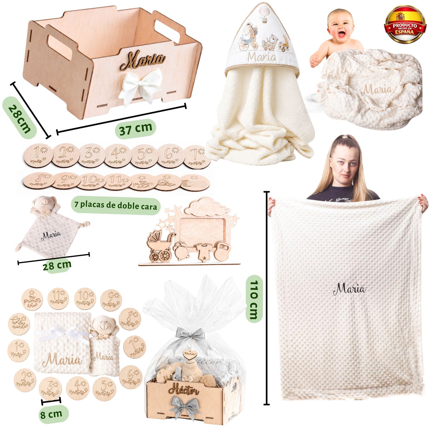Manta Bebé Personalizada con Nombre - Regalo Recién Nacido Niña o Niño - Cesta Regalo Bebé con Dou Dou y Placas - Mantita Suave - Hecho en España (Cesta Bebe Completo)