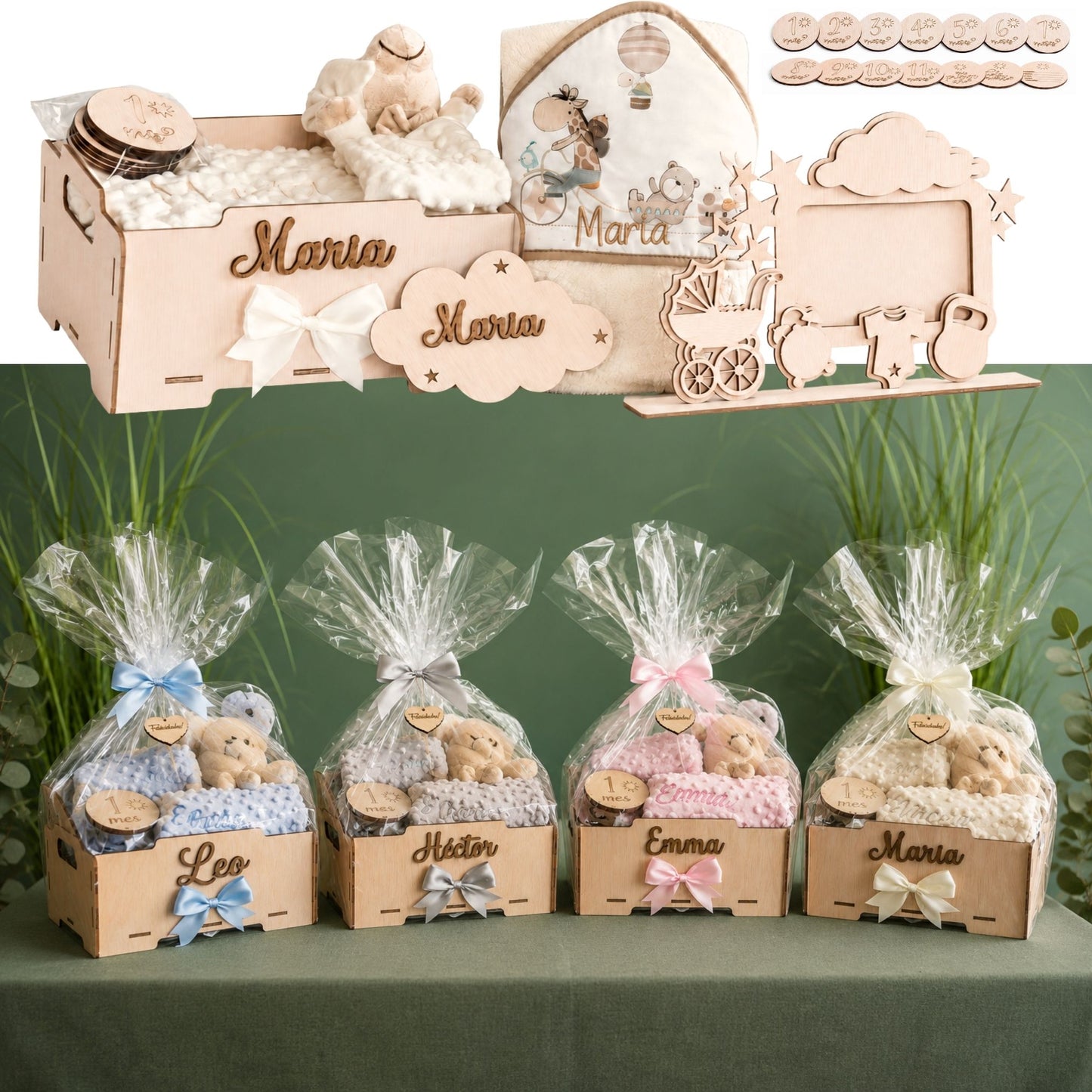 Manta Bebé Personalizada con Nombre - Regalo Recién Nacido Niña o Niño - Cesta Regalo Bebé con Dou Dou y Placas - Mantita Suave - Hecho en España (Cesta Bebe Completo)