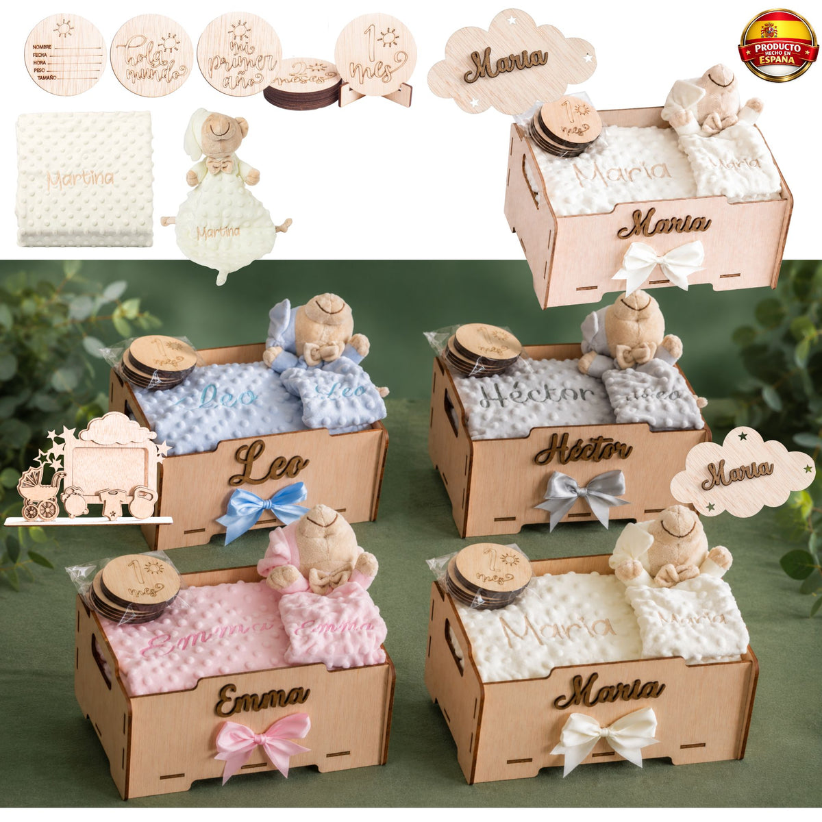 Manta Bebé Personalizada con Nombre - Regalo Recién Nacido Niña o Niño - Cesta Regalo Bebé con Dou Dou y Placas - Mantita Suave - Hecho en España (Cesta Bebe Esencial)