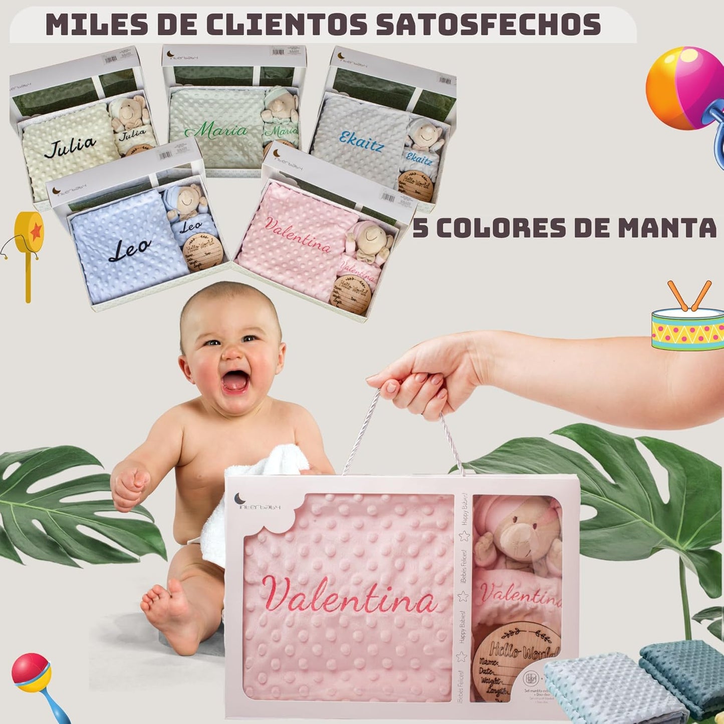 Regalo Recién Nacido Niño Niña Manta Bebé Personalizada con Nombre Bordado+Placas Cumplemes +Dou Dou– Cesta Canastilla Padres Primerizos Mamas Primerizas (Set de Manta+DouDou+Placas CUMPLEMES)