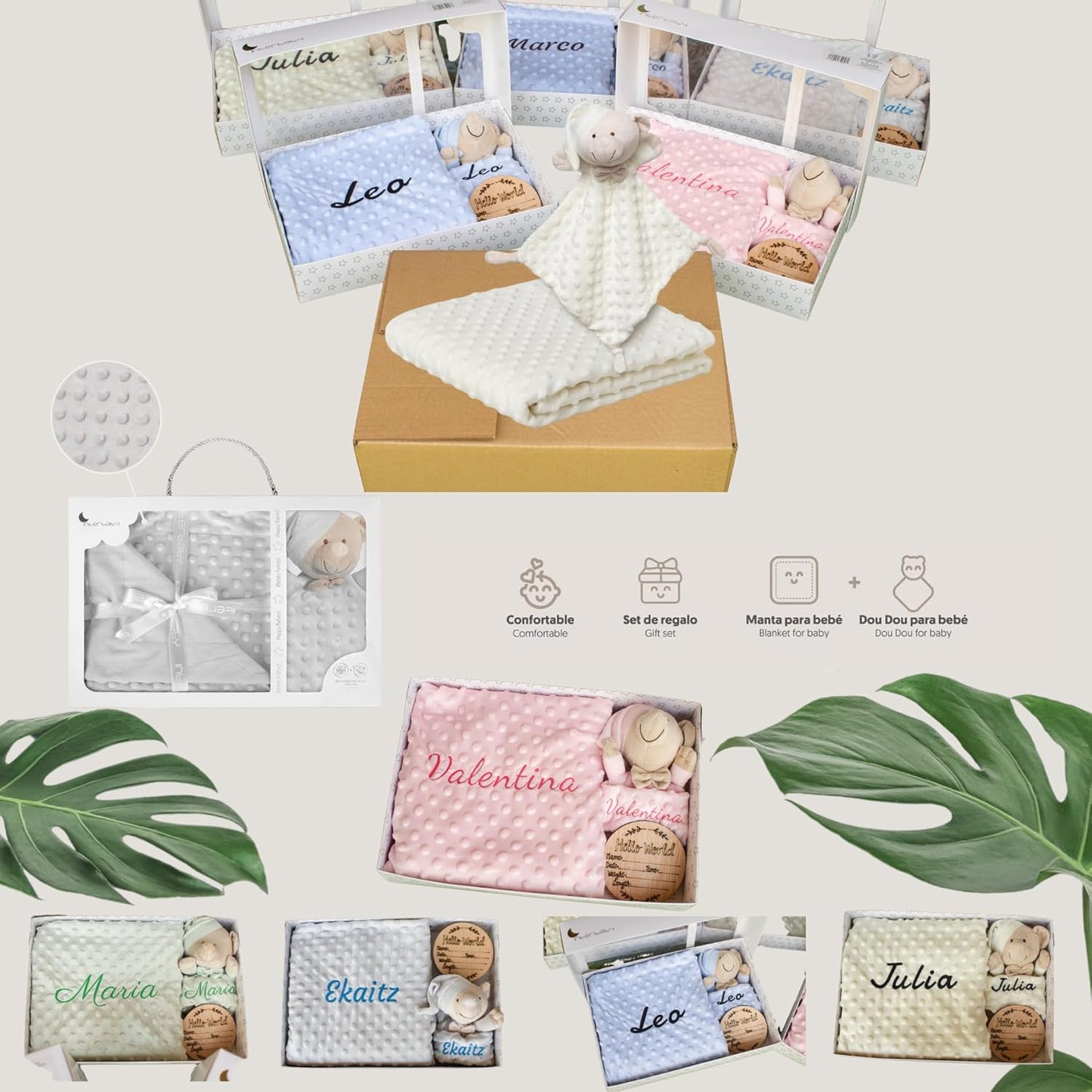 Regalo Recién Nacido Niño Niña Manta Bebé Personalizada con Nombre Bordado+Placas Cumplemes +Dou Dou– Cesta Canastilla Padres Primerizos Mamas Primerizas (Set de Manta+DouDou+Placas CUMPLEMES)