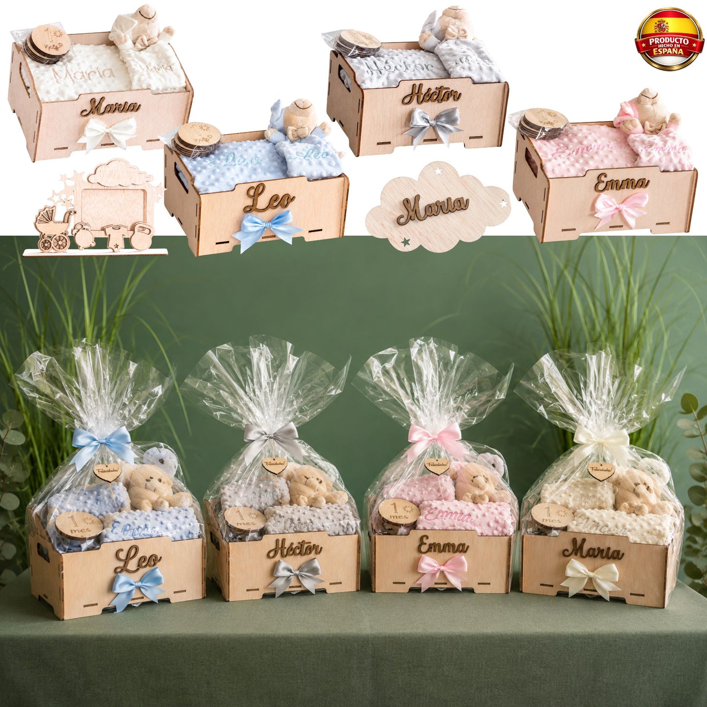 Manta Bebé Personalizada con Nombre - Regalo Recién Nacido Niña o Niño - Cesta Regalo Bebé con Dou Dou y Placas - Mantita Suave - Hecho en España (Cesta Bebe Esencial)
